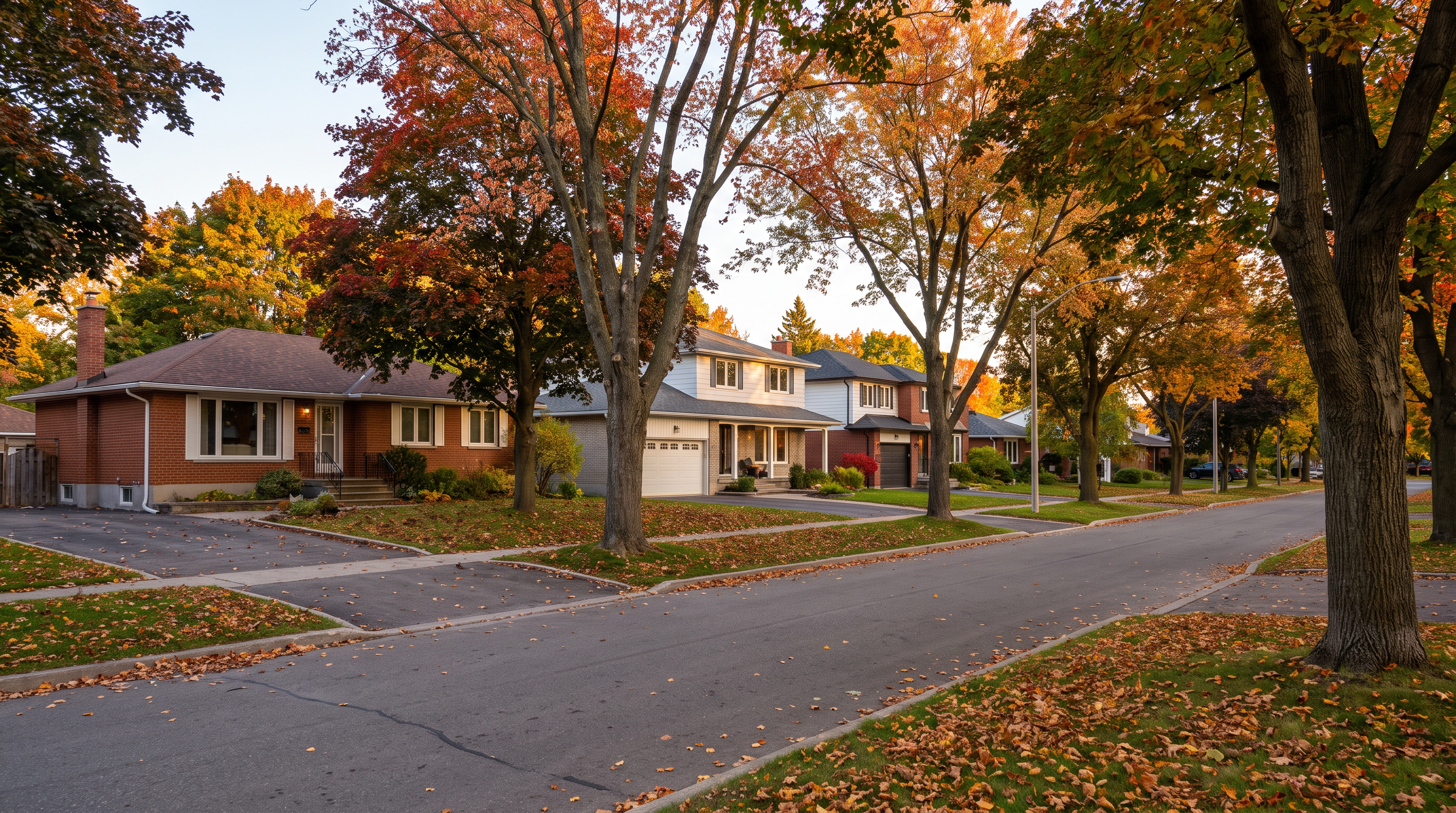 Mature tree-lined street in Nepean, Ottawa with a mix of established homes