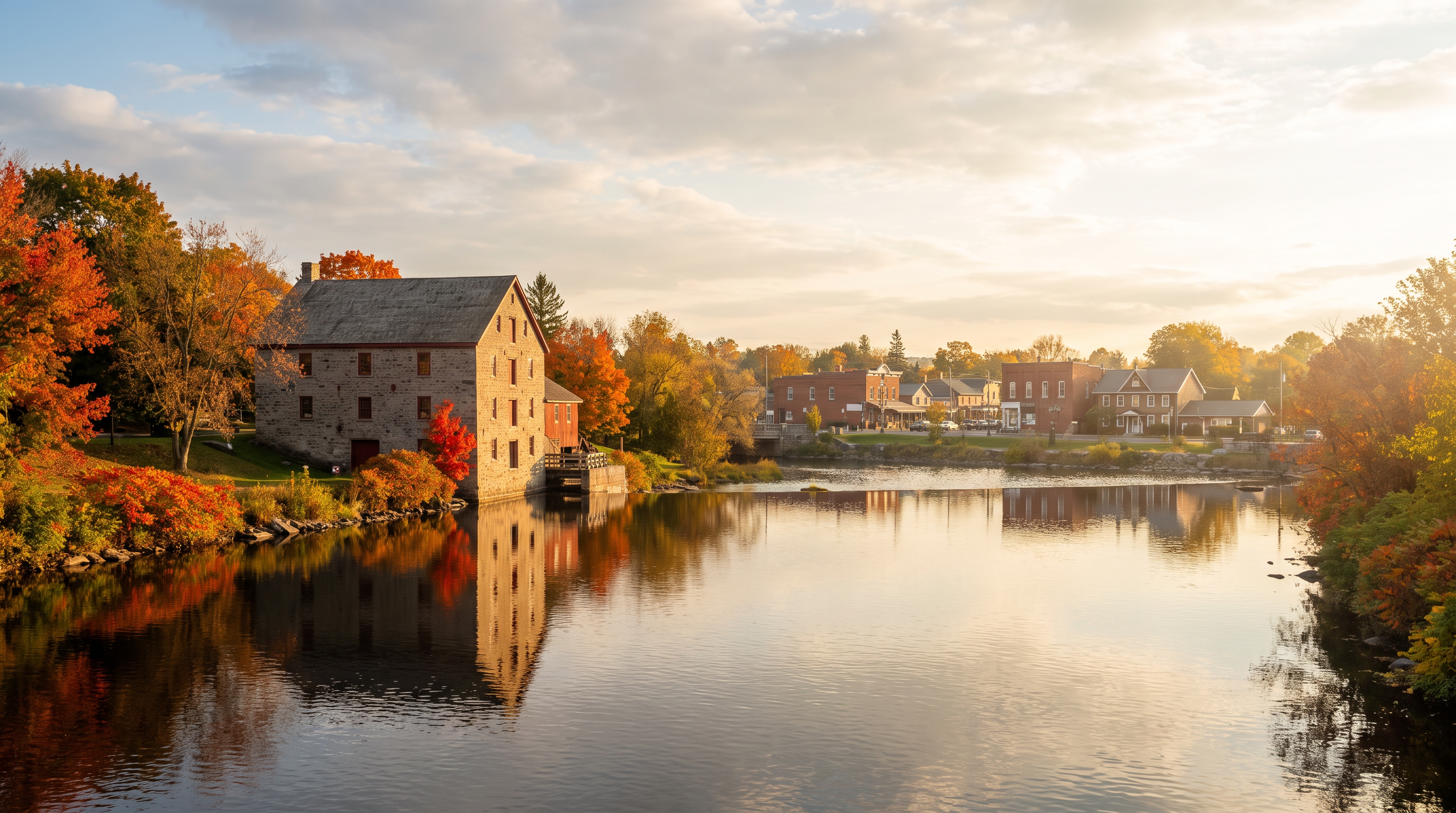 Manotick village on the Rideau River in Ottawa, with the historic mill and autumn foliage