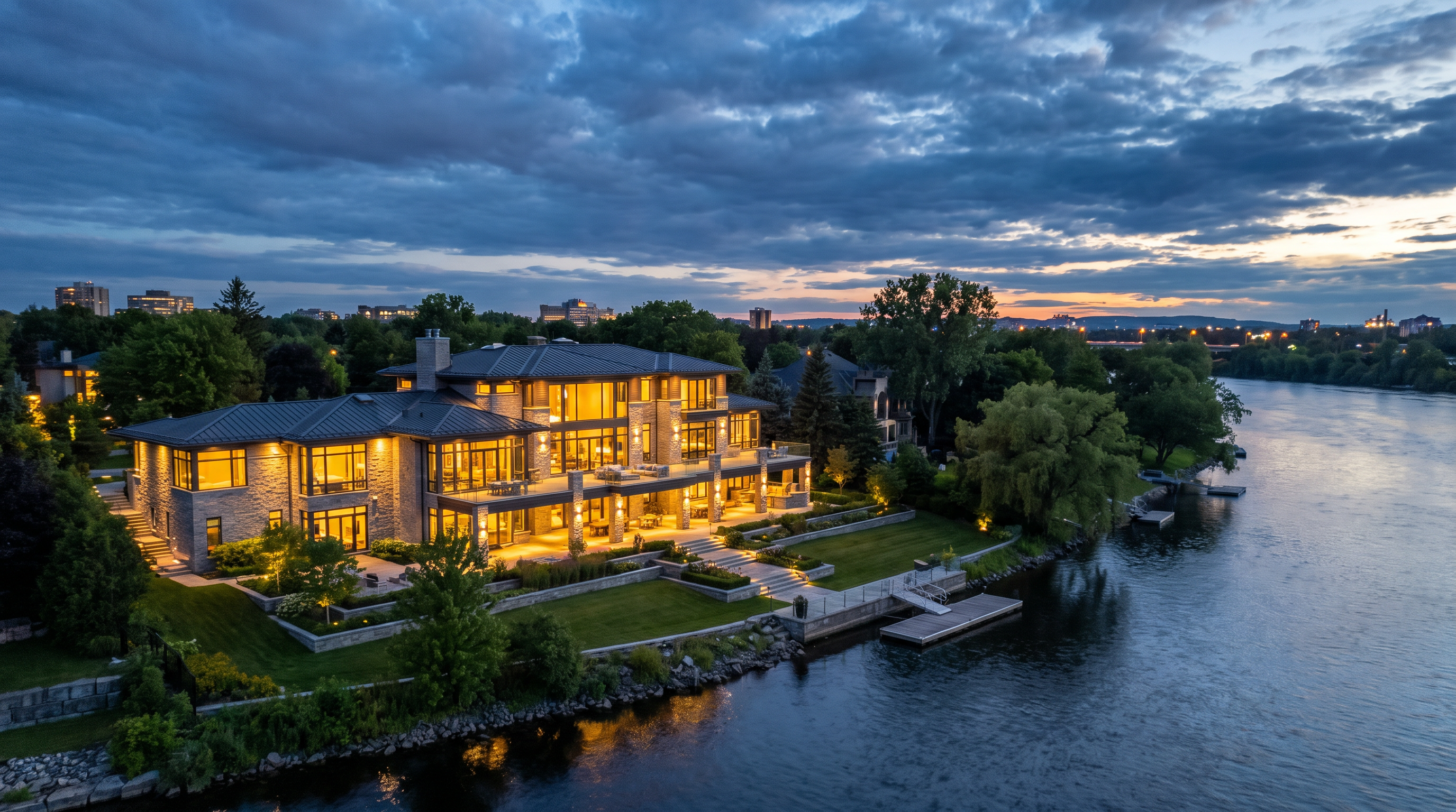Grand riverfront luxury estate home in Ottawa at dusk