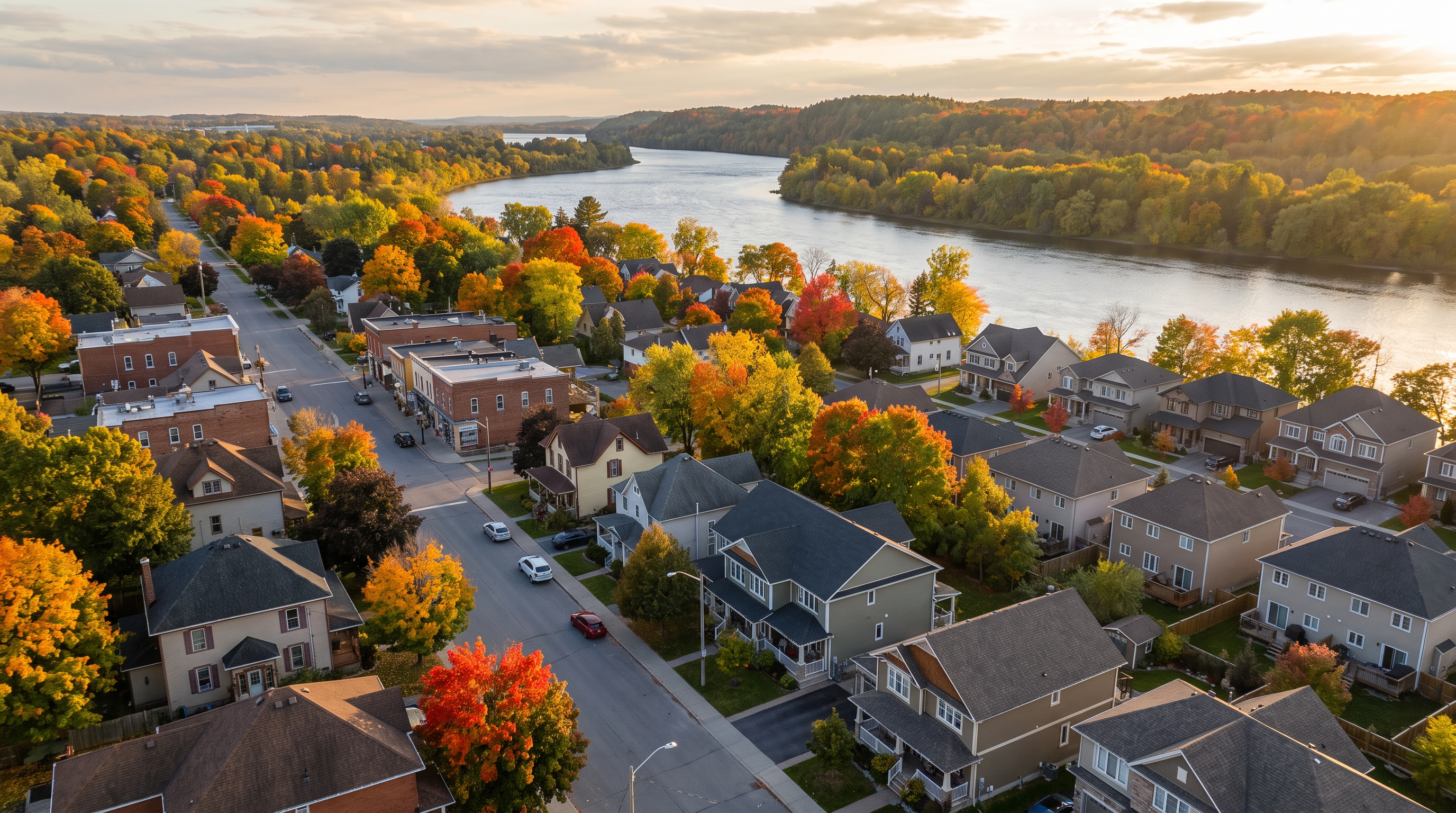 Riverside street in Rockland, Ontario near Ottawa with newer suburban homes