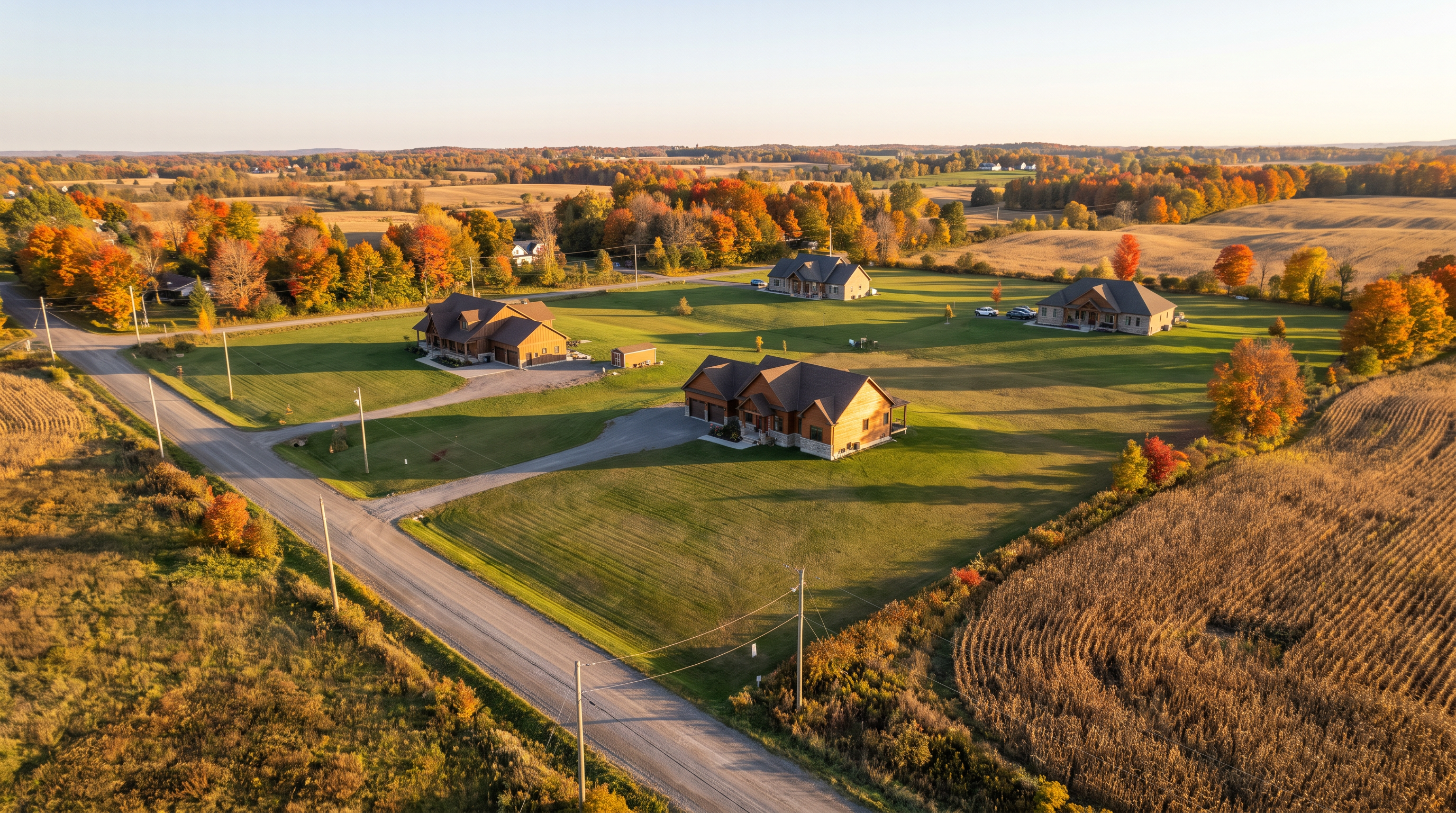 Rural street in Limoges, Ontario near Ottawa with newer homes bordered by farmland