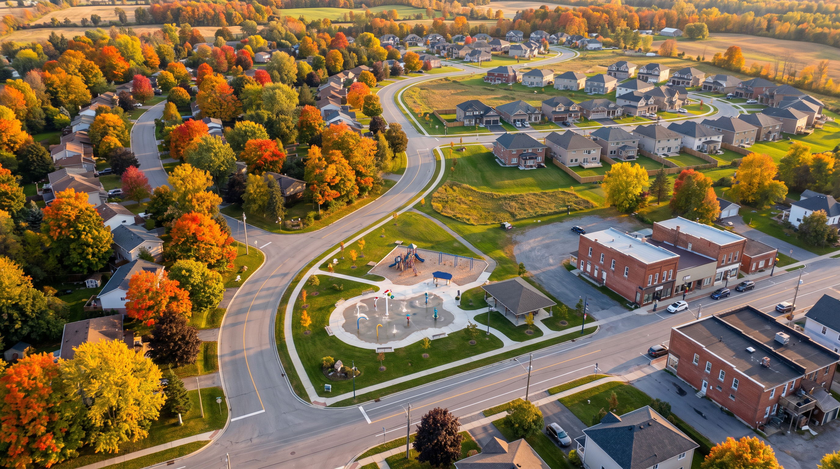Friendly small village street in Russell, Ontario near Ottawa with a community park