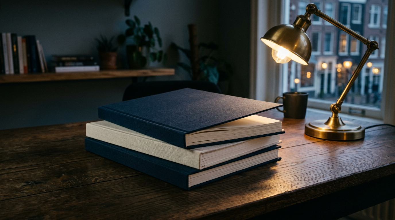 Stapel gedrukte magazines op een donkere houten tafel
