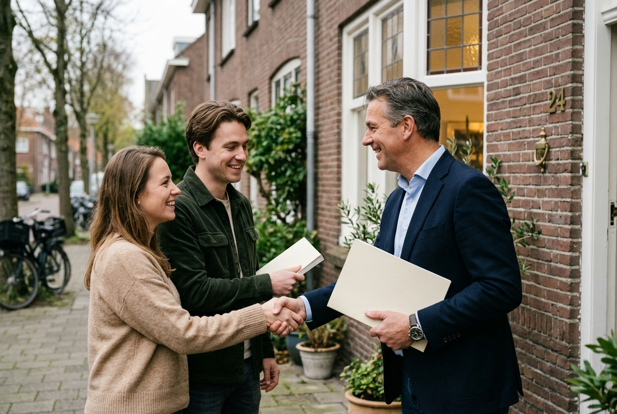 Een makelaar overhandigt een magazine aan een jong stel op de stoep