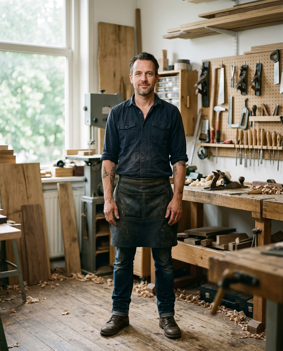 Portret van een ondernemer in zijn eigen werkplaats