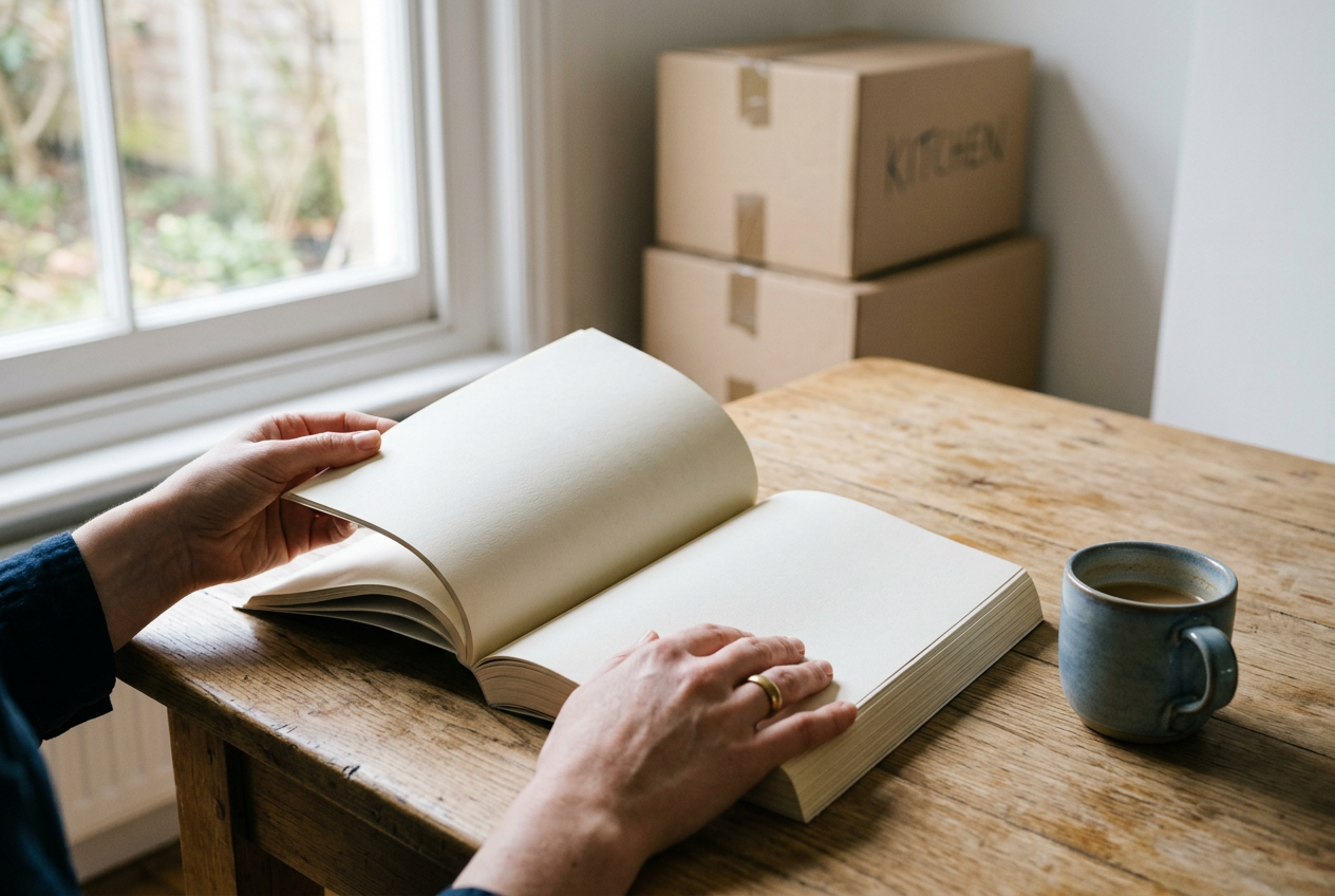Handen bladeren door een magazine op de keukentafel van een net gekochte woning