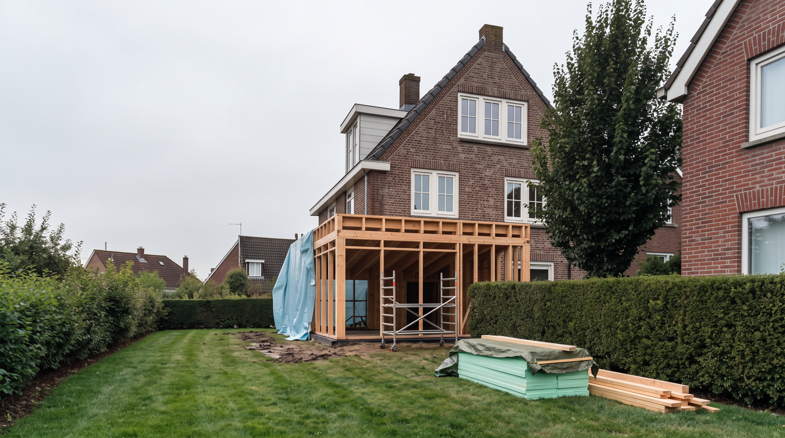 Aanbouw in ruwbouwfase, houten skelet zonder beglazing