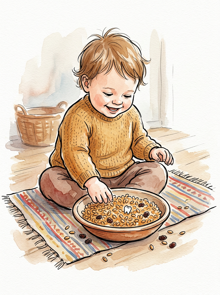 Coveraquarel van Atamhatik: een peuter bij een schaal tarwekorrels