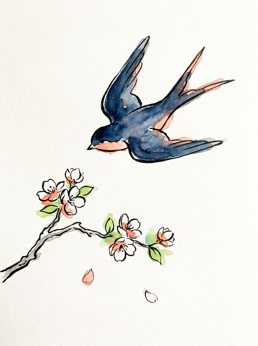 Coveraquarel van Tsitsernak: een zwaluw boven een bloesemtak