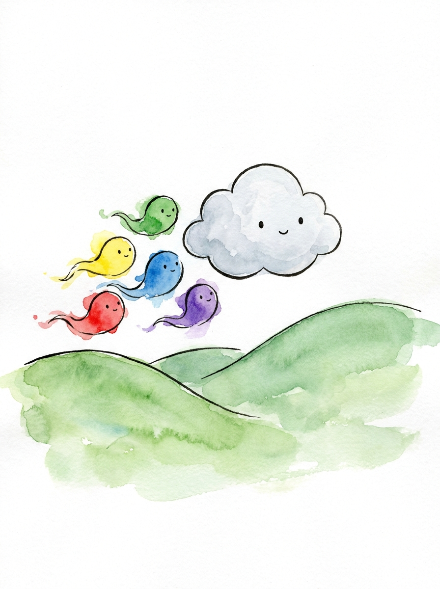 Coveraquarel van Ampik en de kleurgeesten: een wolkje met vijf kleurige geesten