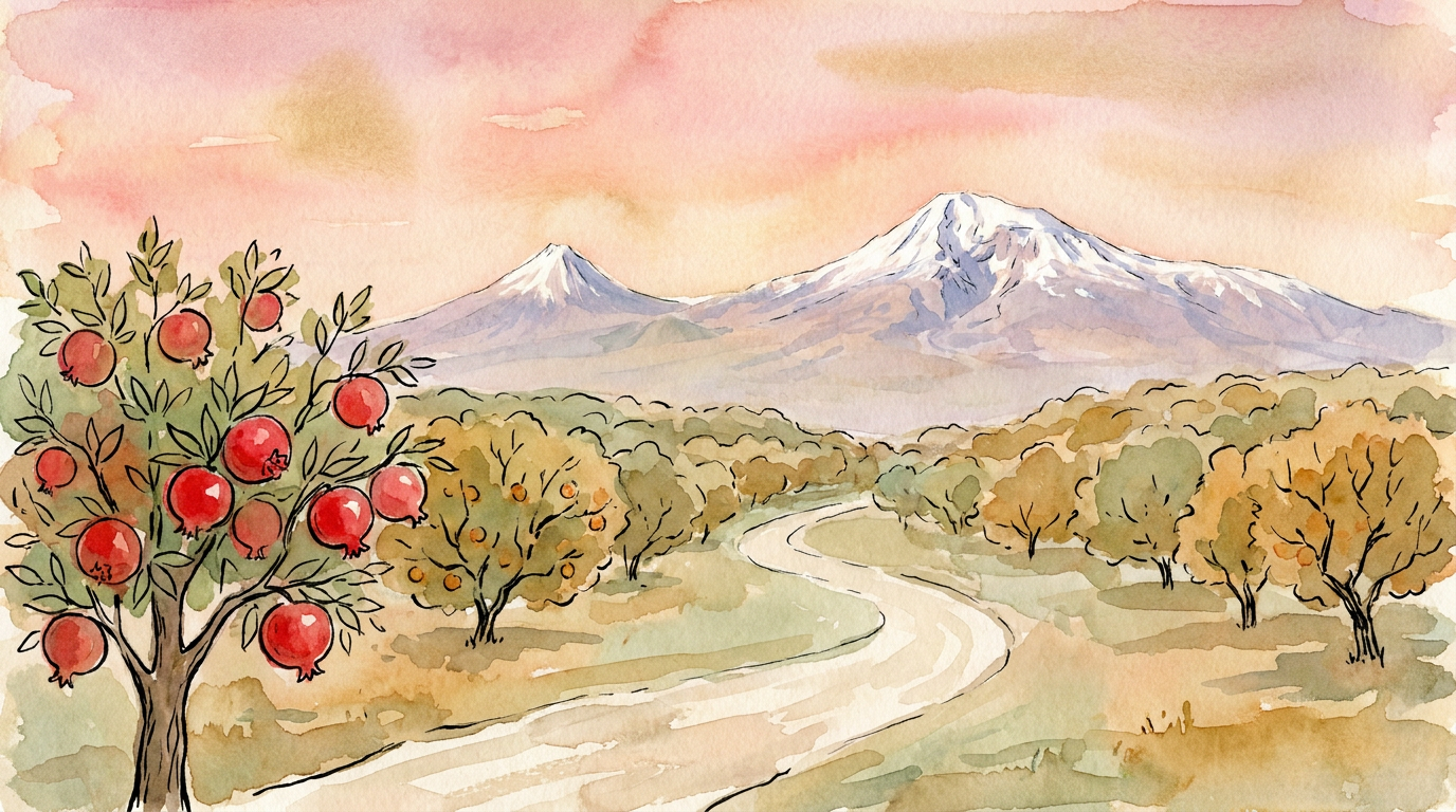 Geschilderd theaterdecor: de Ararat, abrikozengaarden en een granaatappelboom in de ochtendzon