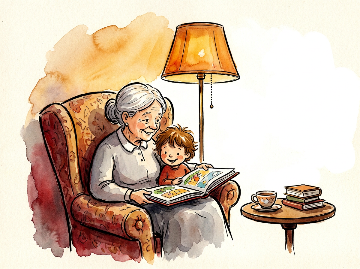 Aquarel: een grootmoeder en een kind lezen samen een prentenboek in de stoel