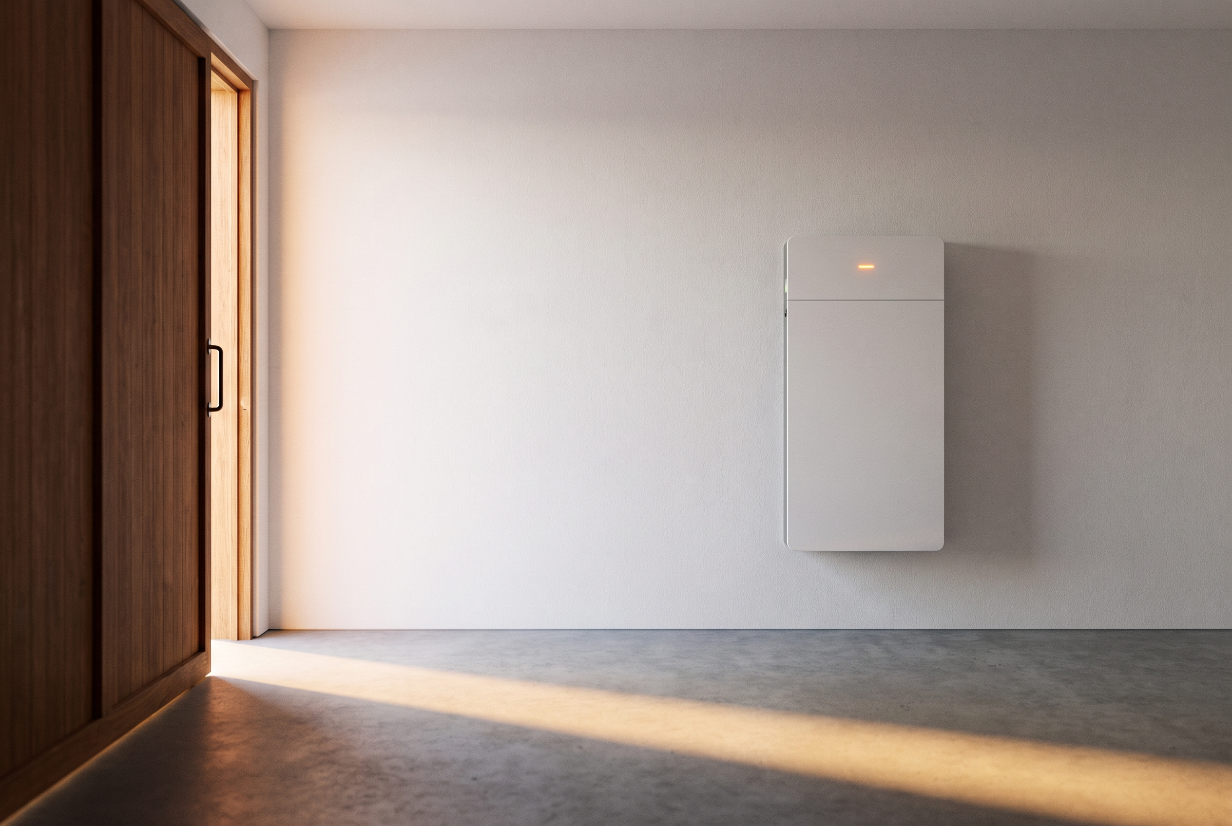Thuisbatterij aan de wand van een garage