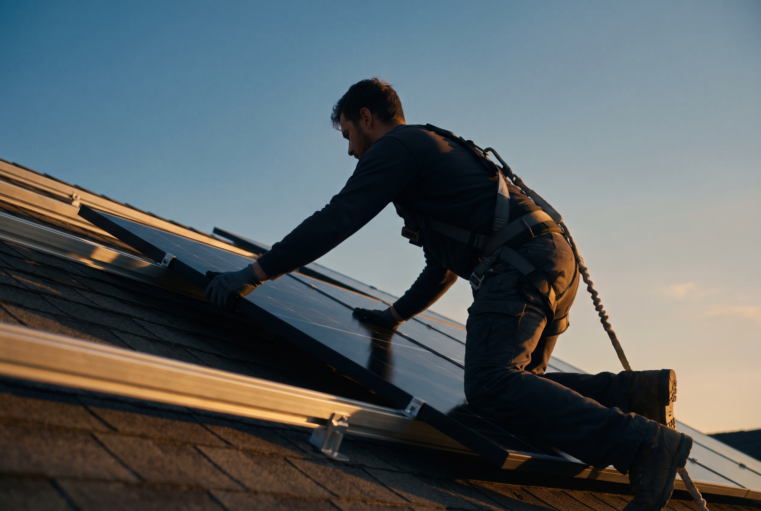 Installateur van Solaris Prime monteert een zonnepaneel op een dak
