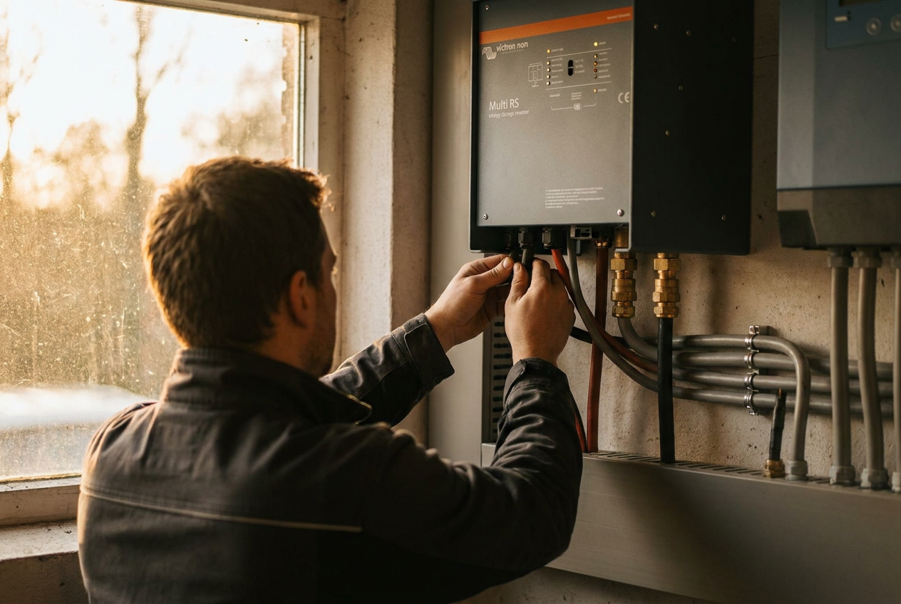 Installateur sluit een Victron energiesysteem aan
