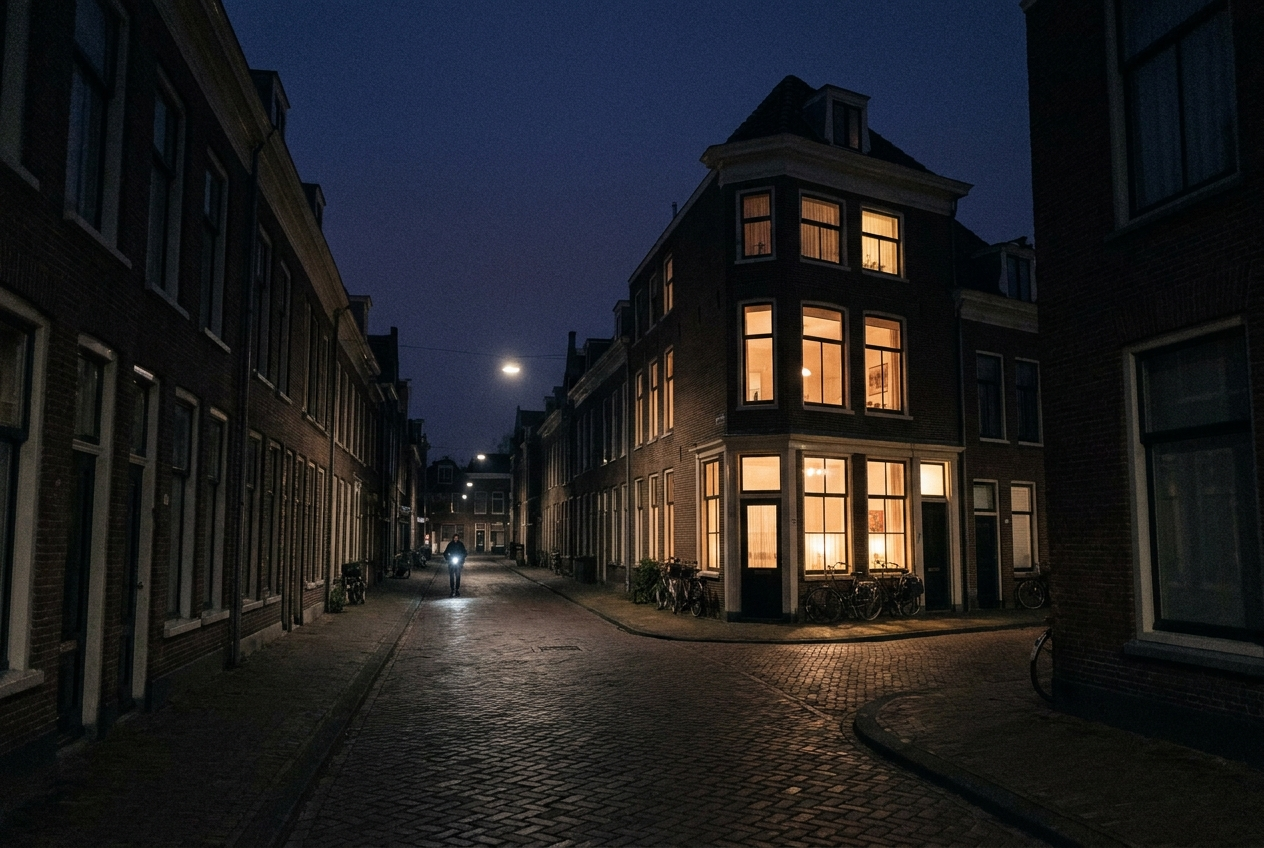Donkere straat bij nacht met een enkele woning waar het licht brandt