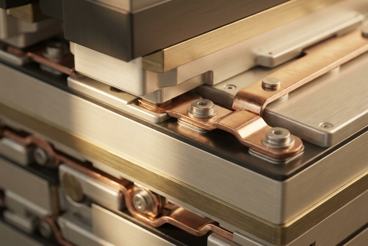 Batterijmodules met koperen verbindingen van dichtbij