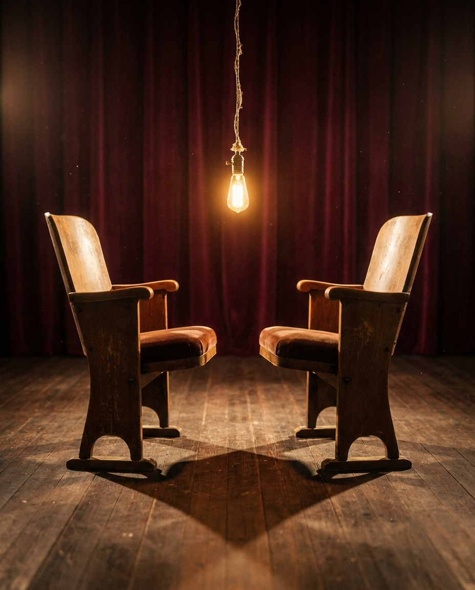 Twee stoelen tegenover elkaar onder een warme spot, symbool voor het duo