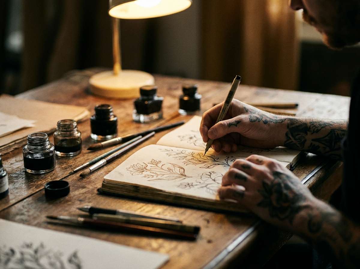 Schets van een fine line ontwerp bij Daydream Tattoostudio