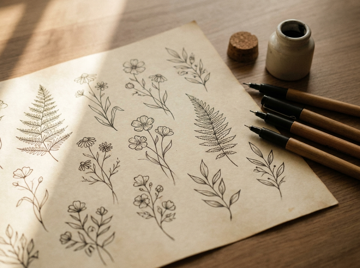 Flash sheet met botanische fine line ontwerpen