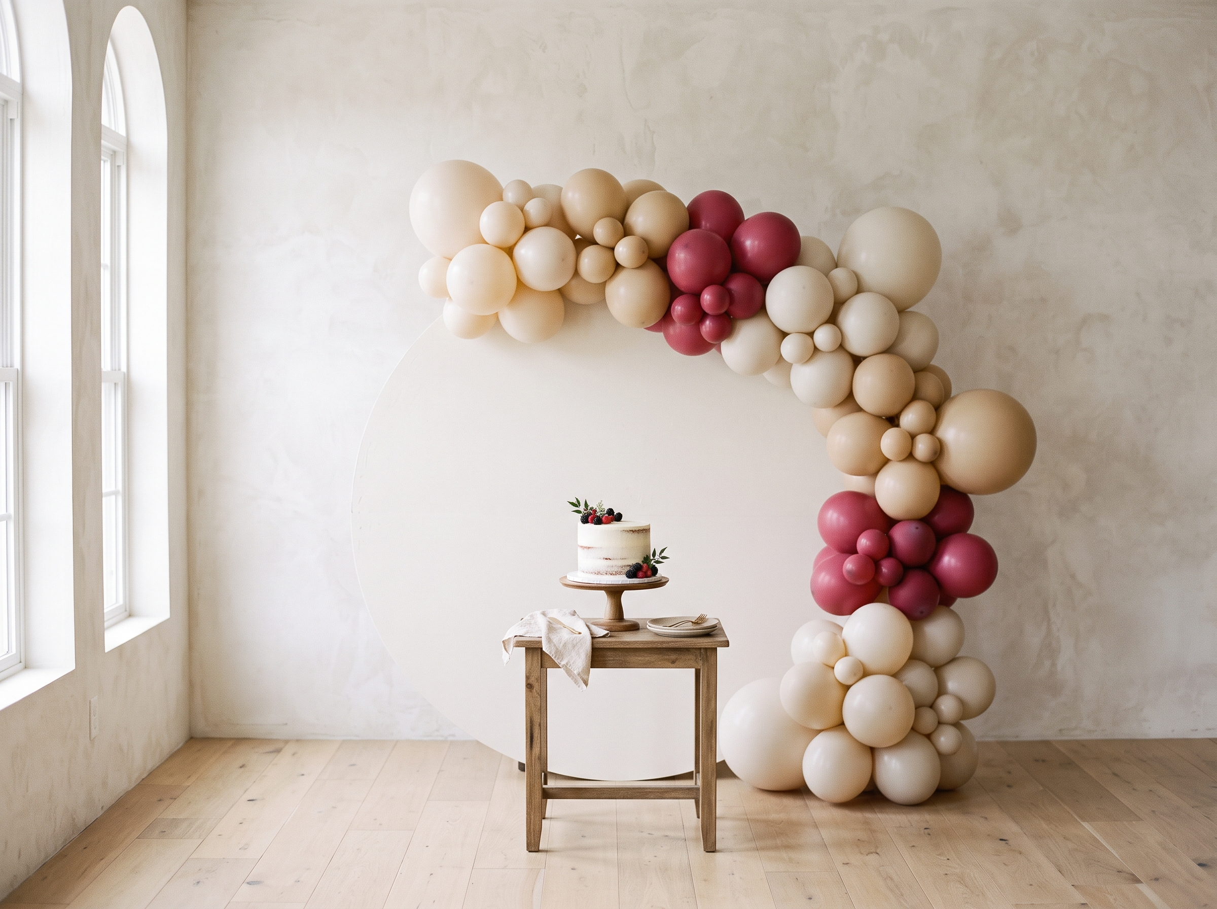 Ronde backdrop met ballondecoratie en een taarttafel