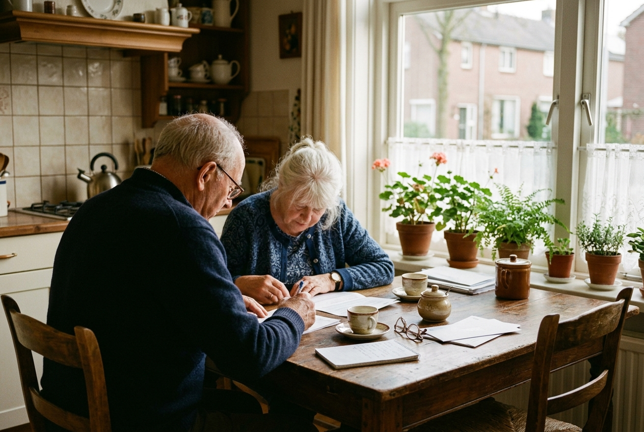Keukentafel met koffie en papieren in warm ochtendlicht