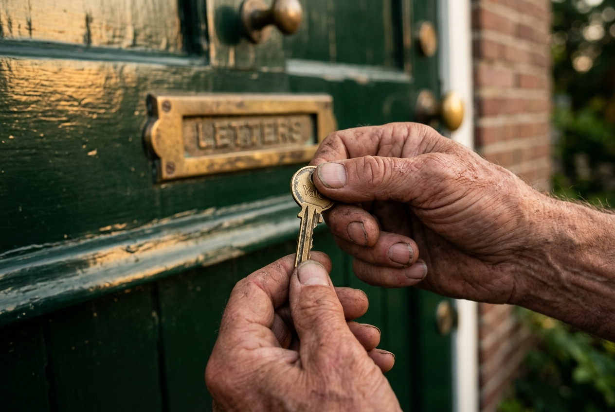 Handen met een messing huissleutel bij een groene voordeur