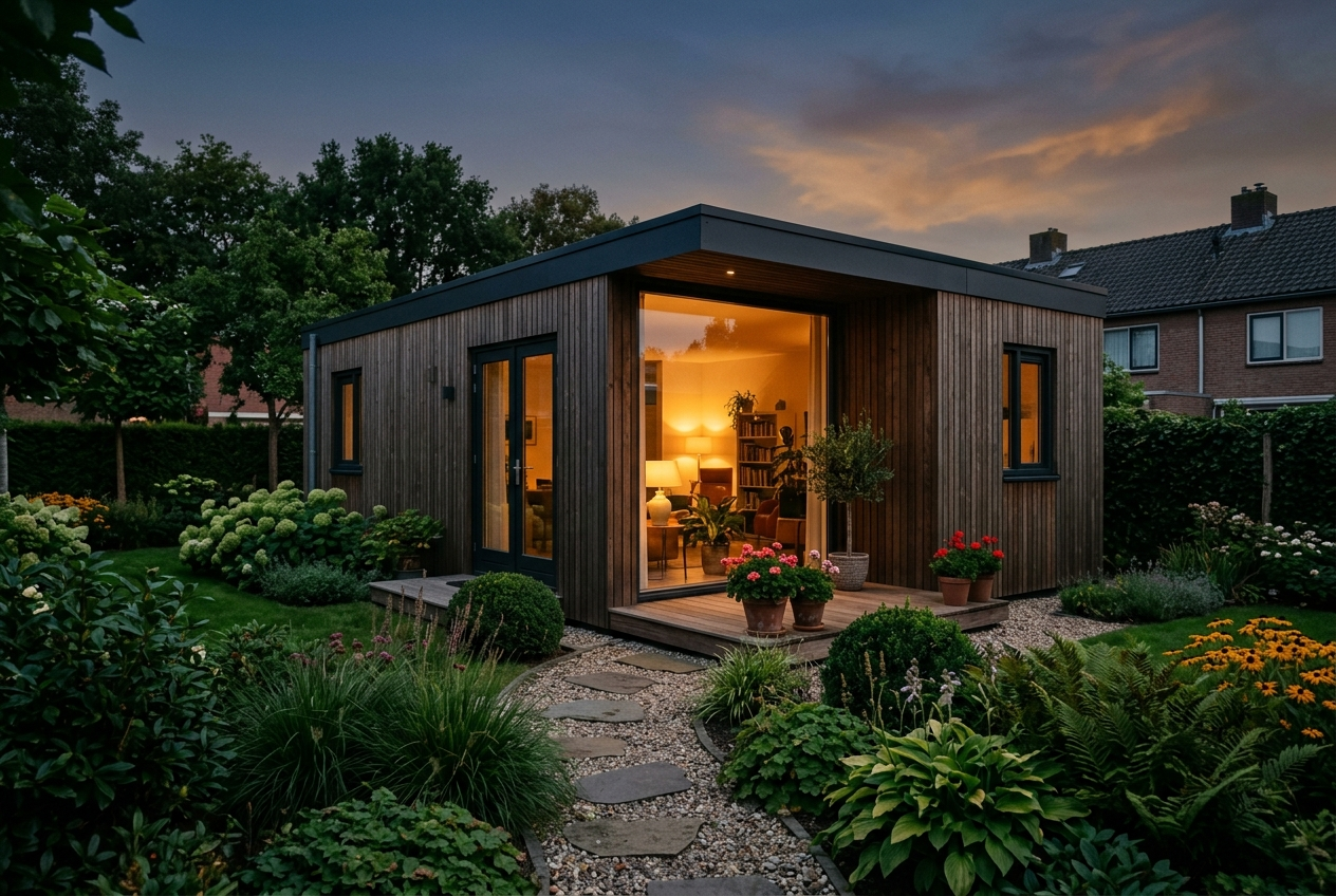 Moderne zorgwoning met warm verlicht raam in een tuin bij schemering