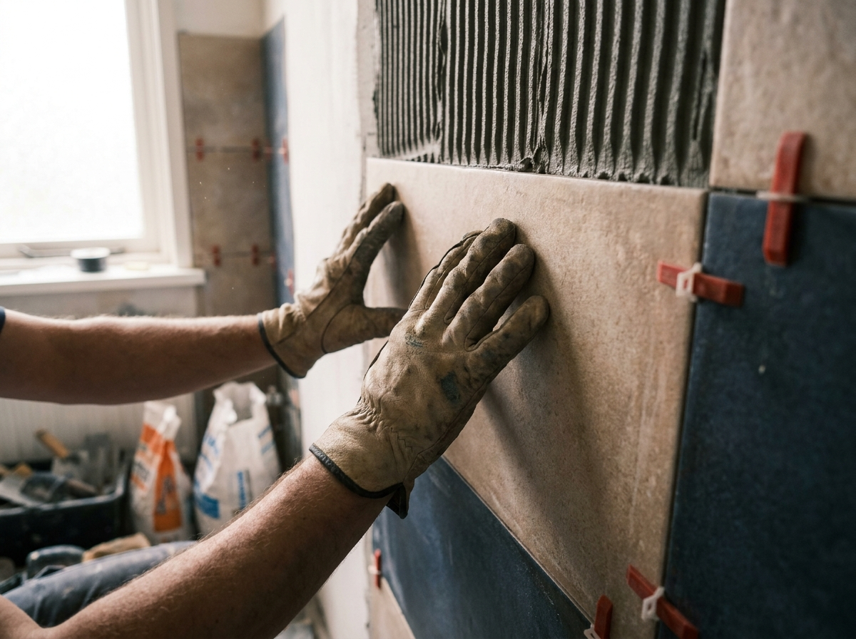 Tegelzetter plaatst wandtegels