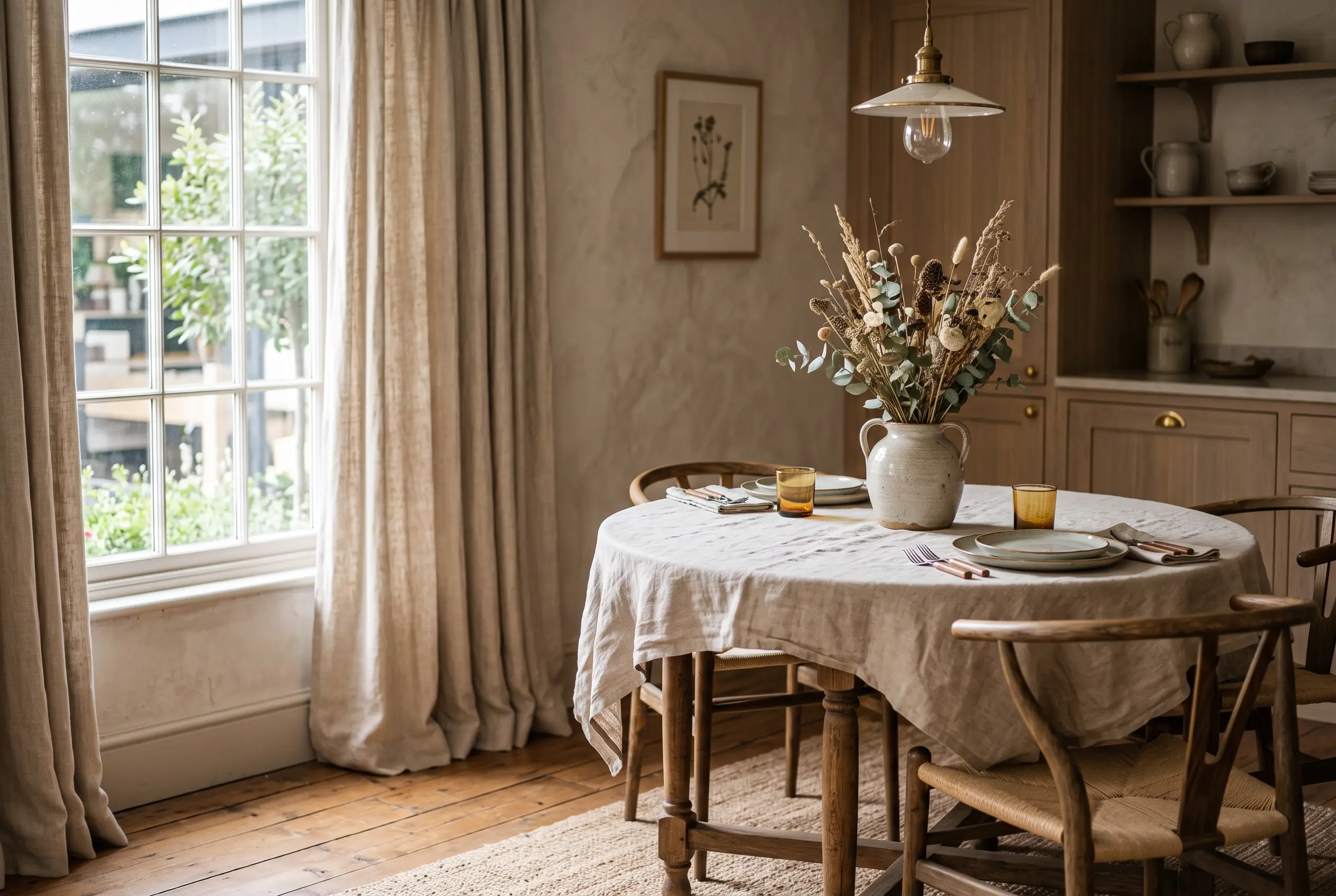 Gedekte tafel met linnen en gordijnen in de showroom