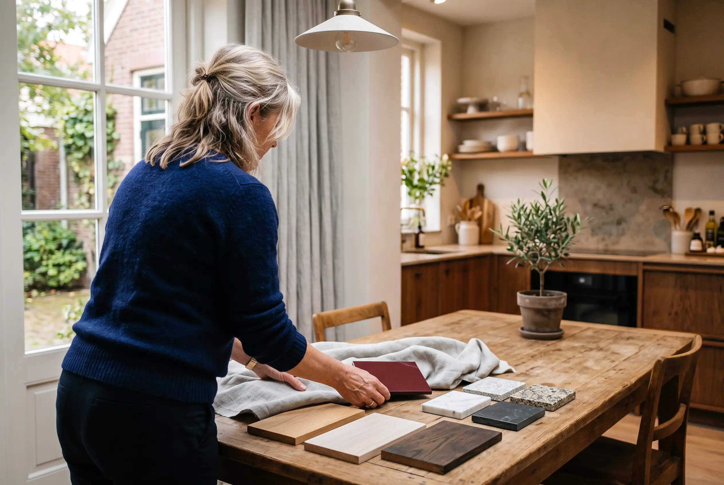 Stalen van hout, steen en stof worden samengelegd op een houten tafel