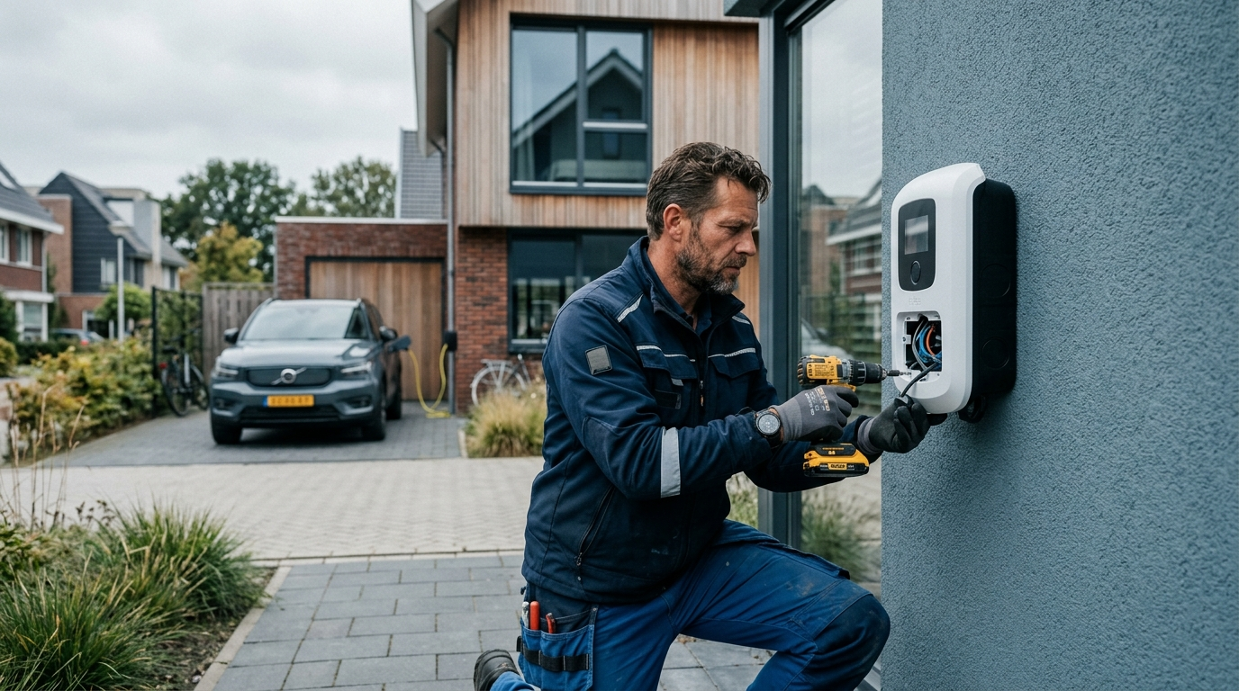 Monteur van Electro Breukers installeert een laadpaal
