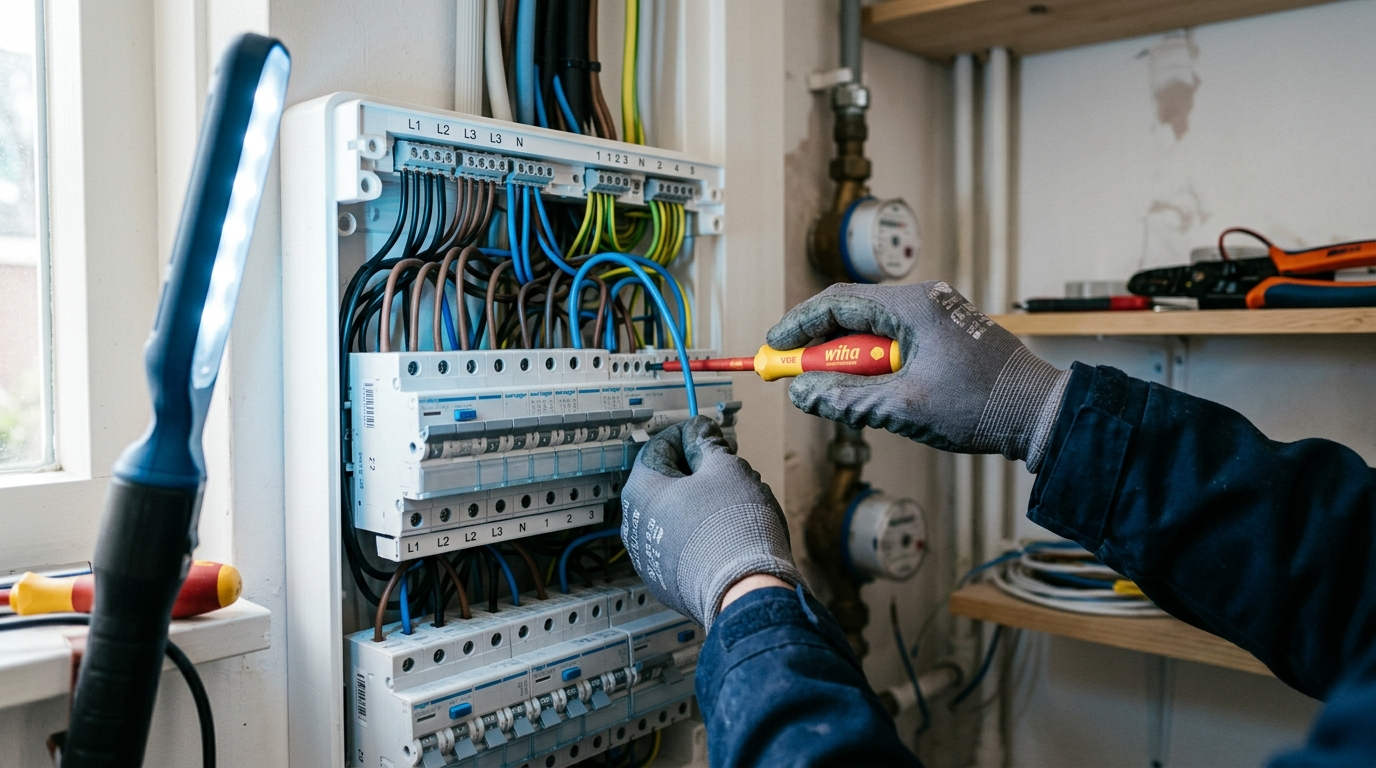 Monteur van Electro Breukers werkt aan een meterkast