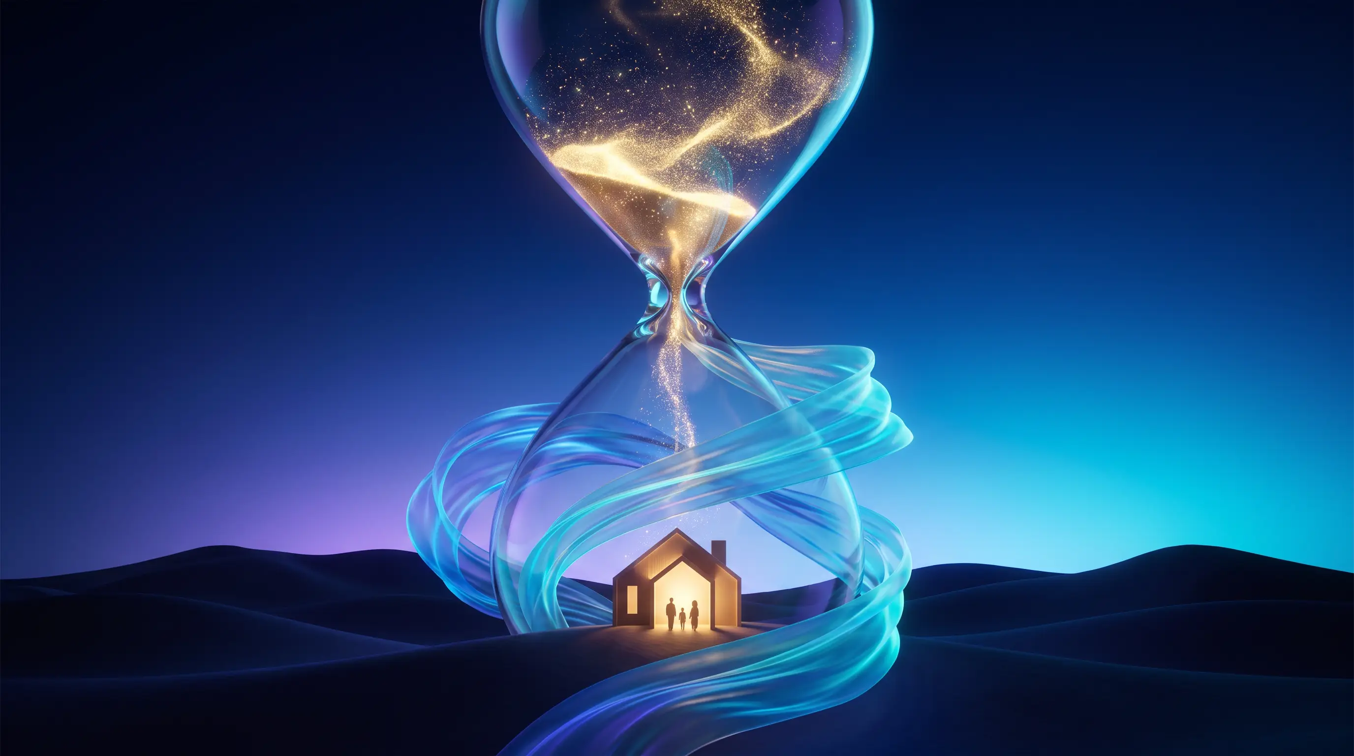 Glass hourglass pouring golden light that wraps a protected Las Vegas home — the Nevada open enrollment window closing