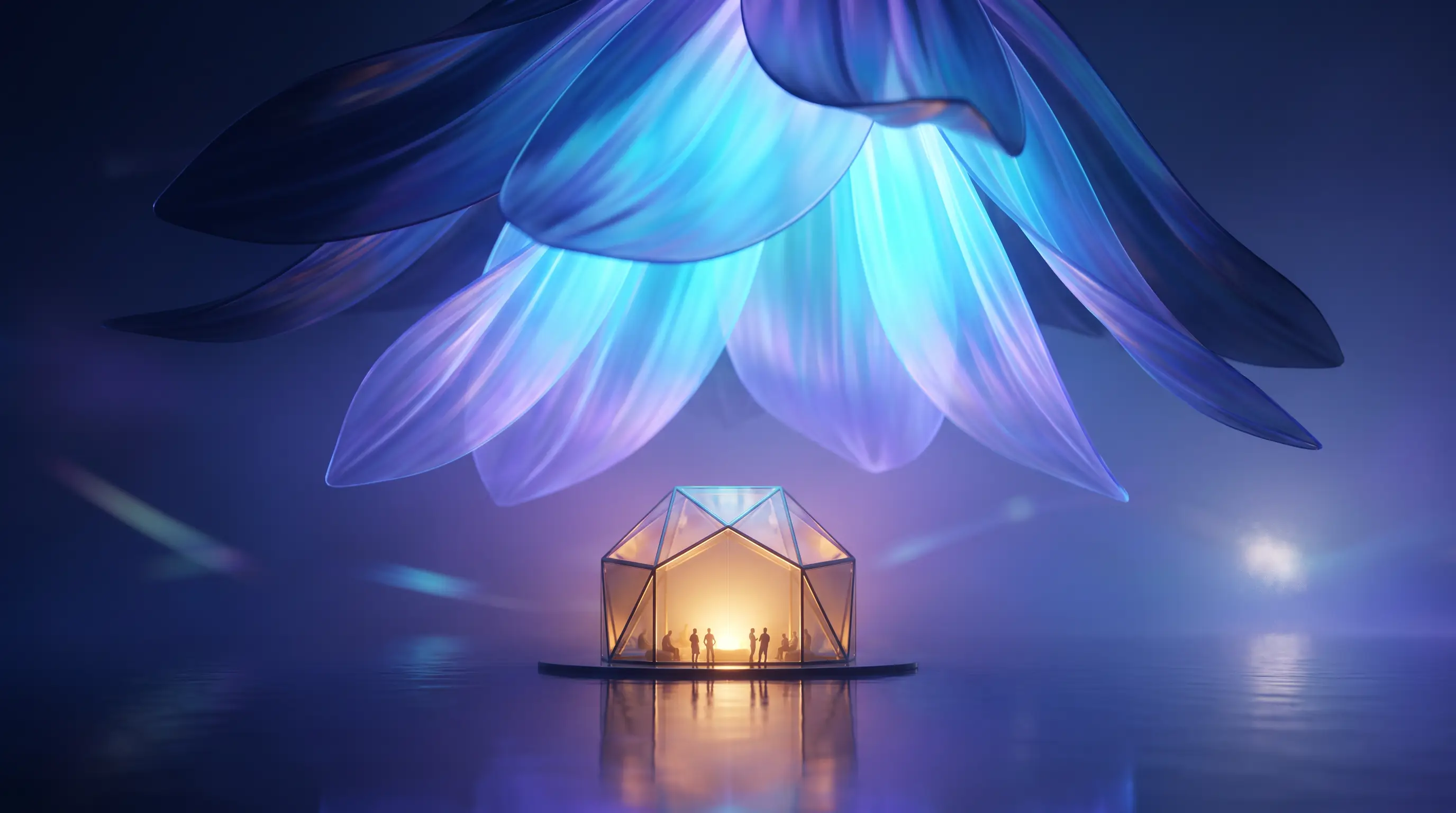 A blooming canopy of gradient light sheltering a small glowing storefront and its team — small business health insurance