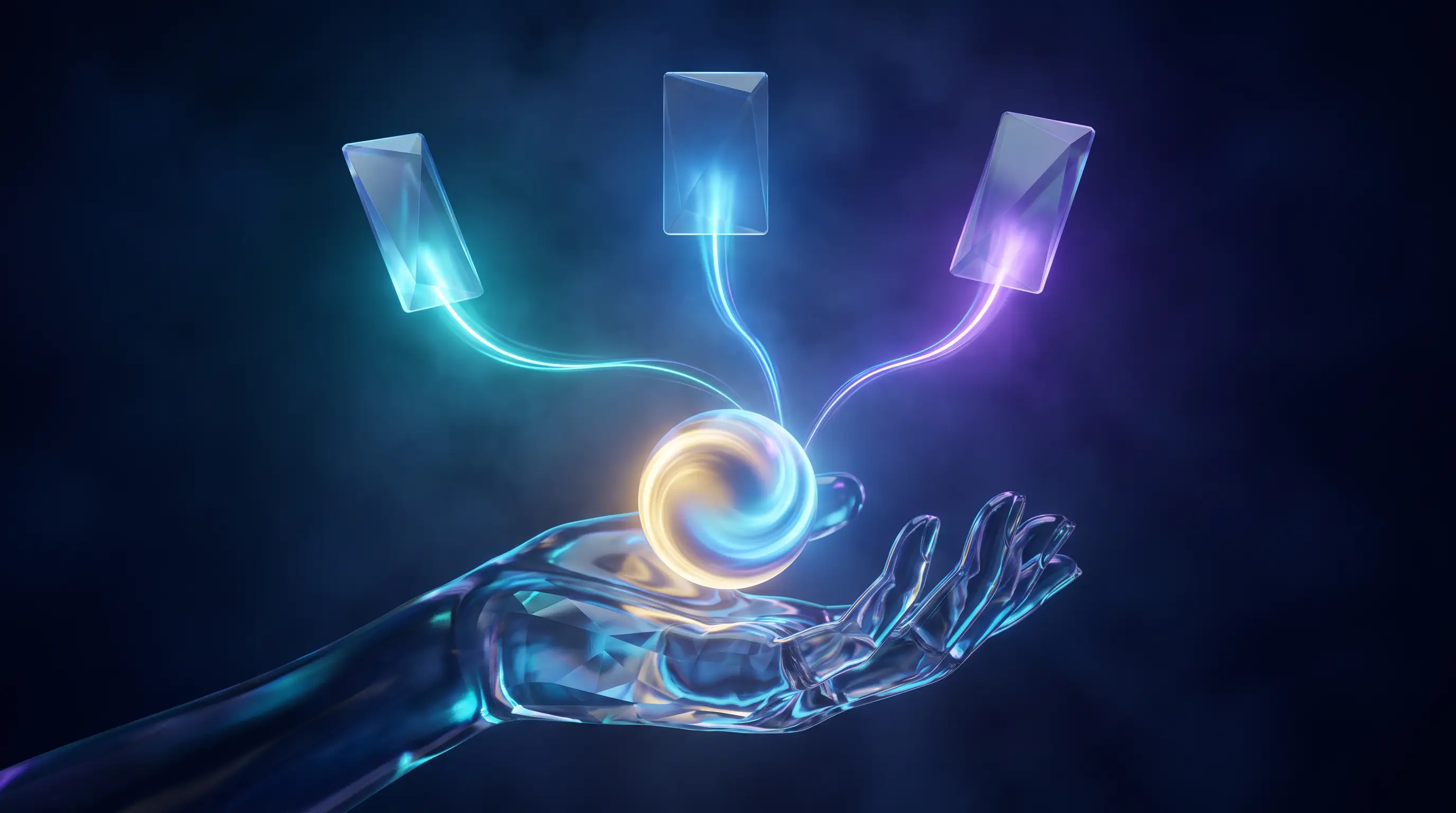 A glass hand holding a glowing benefit orb that splits into three streams toward floating plan cards — how an ICHRA turns one budget into personal choice