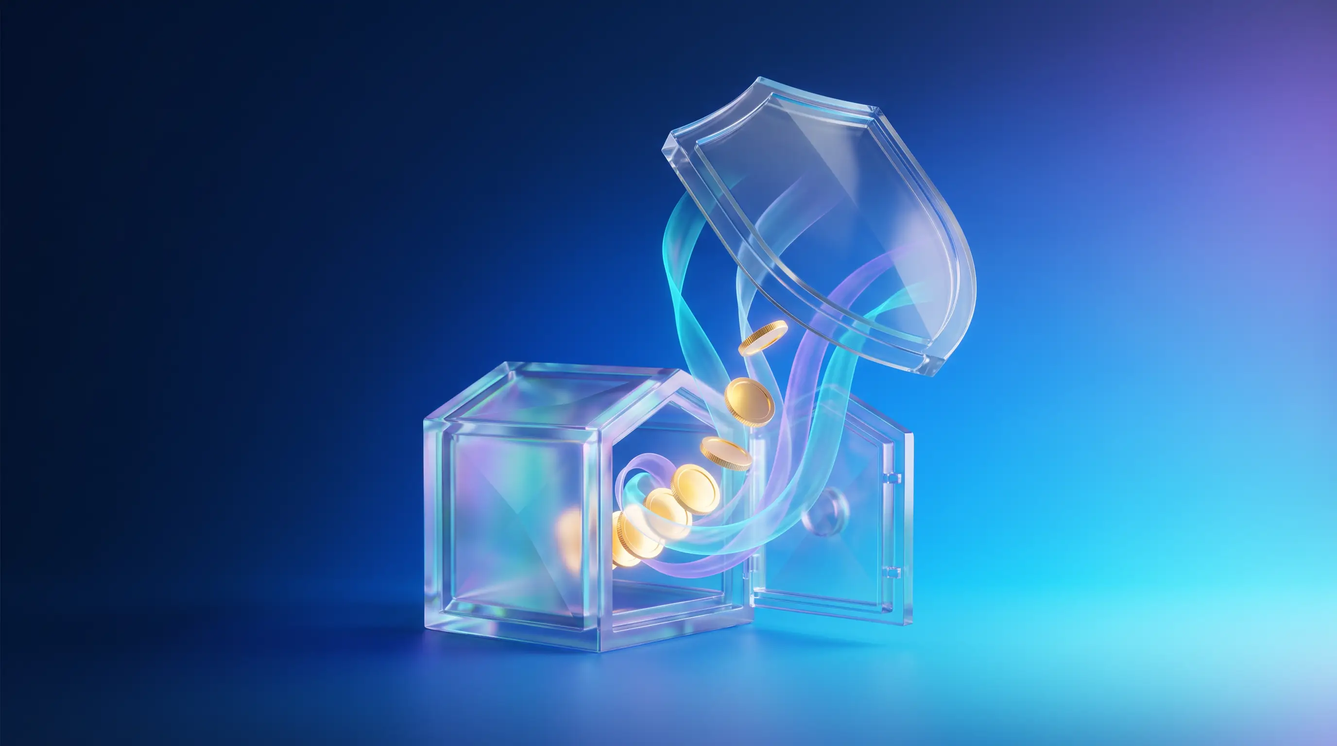 A gradient glass vault releasing a protected spiral of glowing coins beneath a floating shield — tax-advantaged health benefit structures