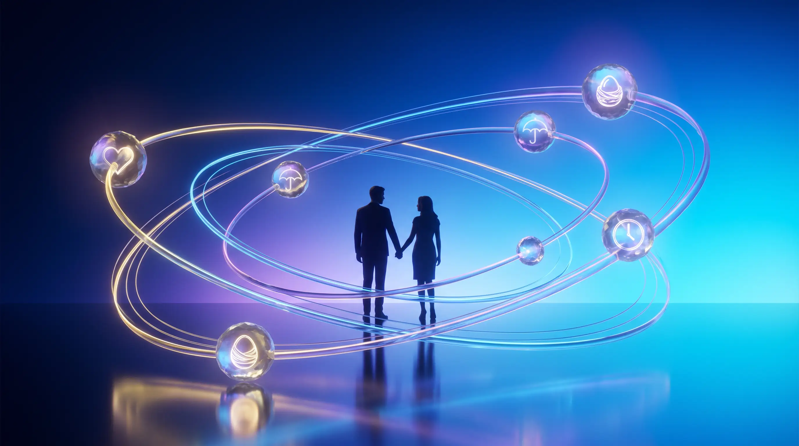 Crystalline orbs of benefits — heart, umbrella, nest egg, clock — orbiting two colleagues — employee benefits that keep good people