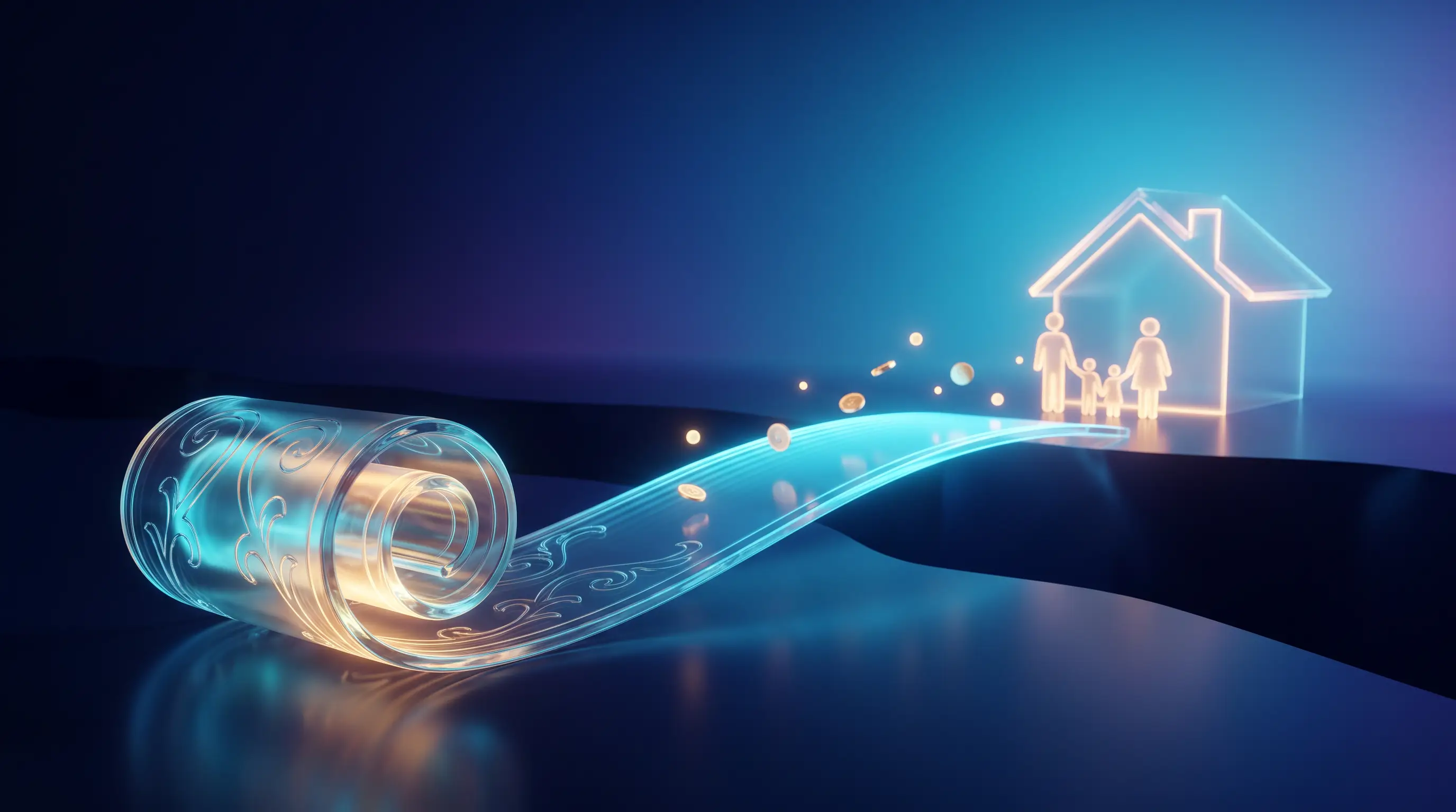 A glowing glass scroll casting a bridge of light and coins to a family at their home — a Section 105 plan at work