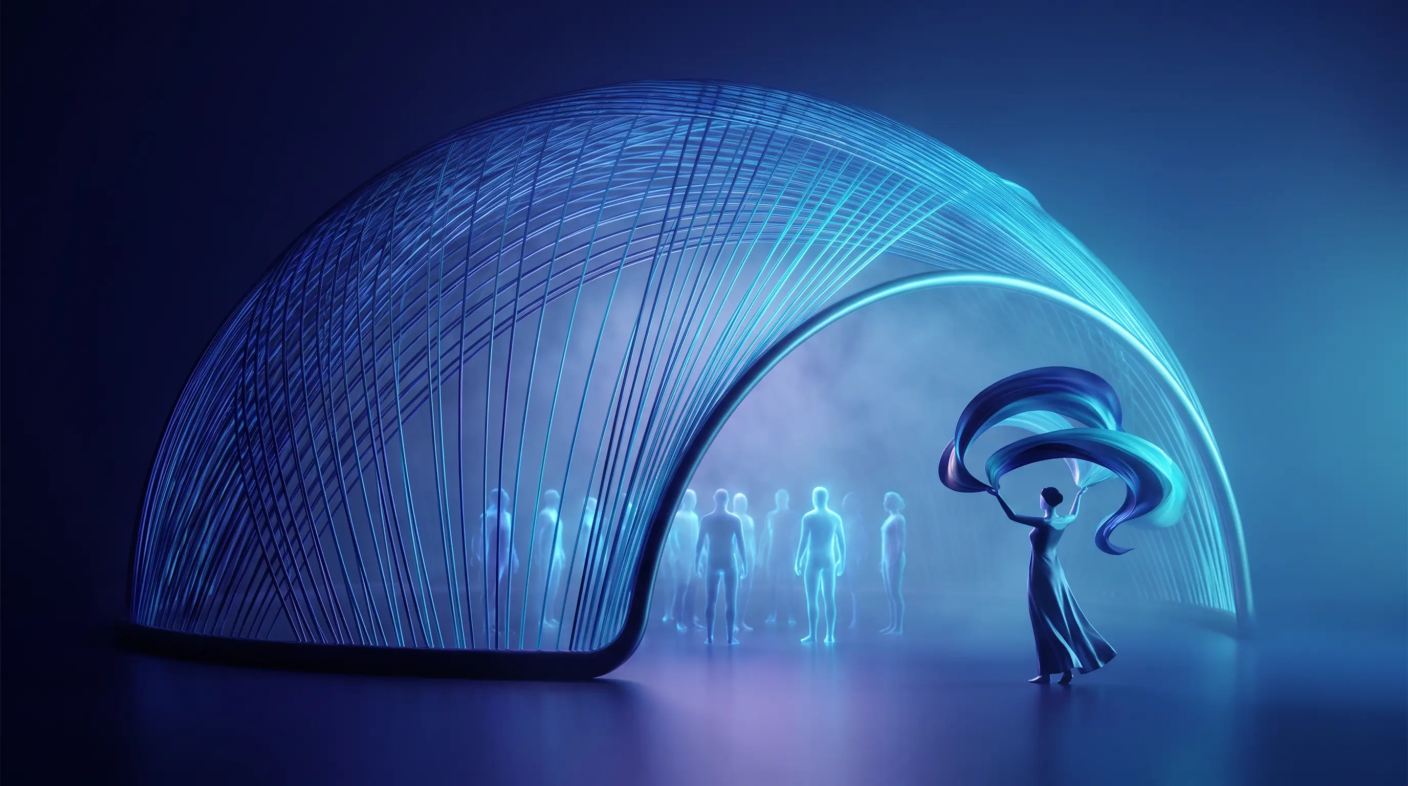 A lone professional raising a personal aurora of light beside a sheltered group dome — Realtors and group health insurance