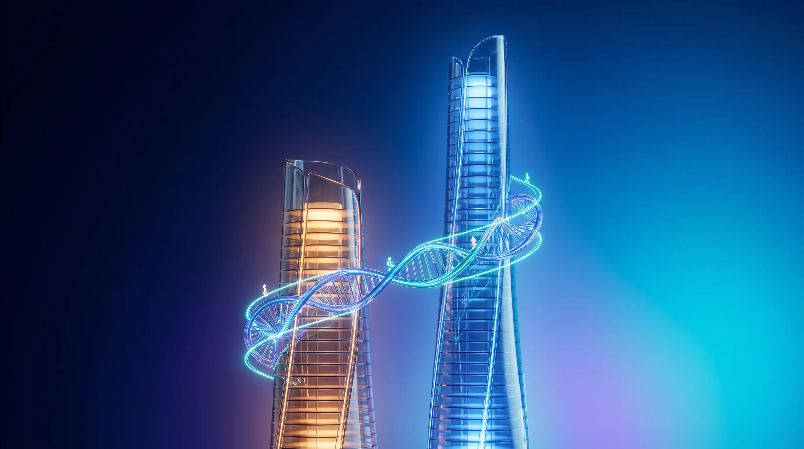Two glass towers joined by a double helix of gradient light with figures traveling between them — how a PEO partnership carries the weight