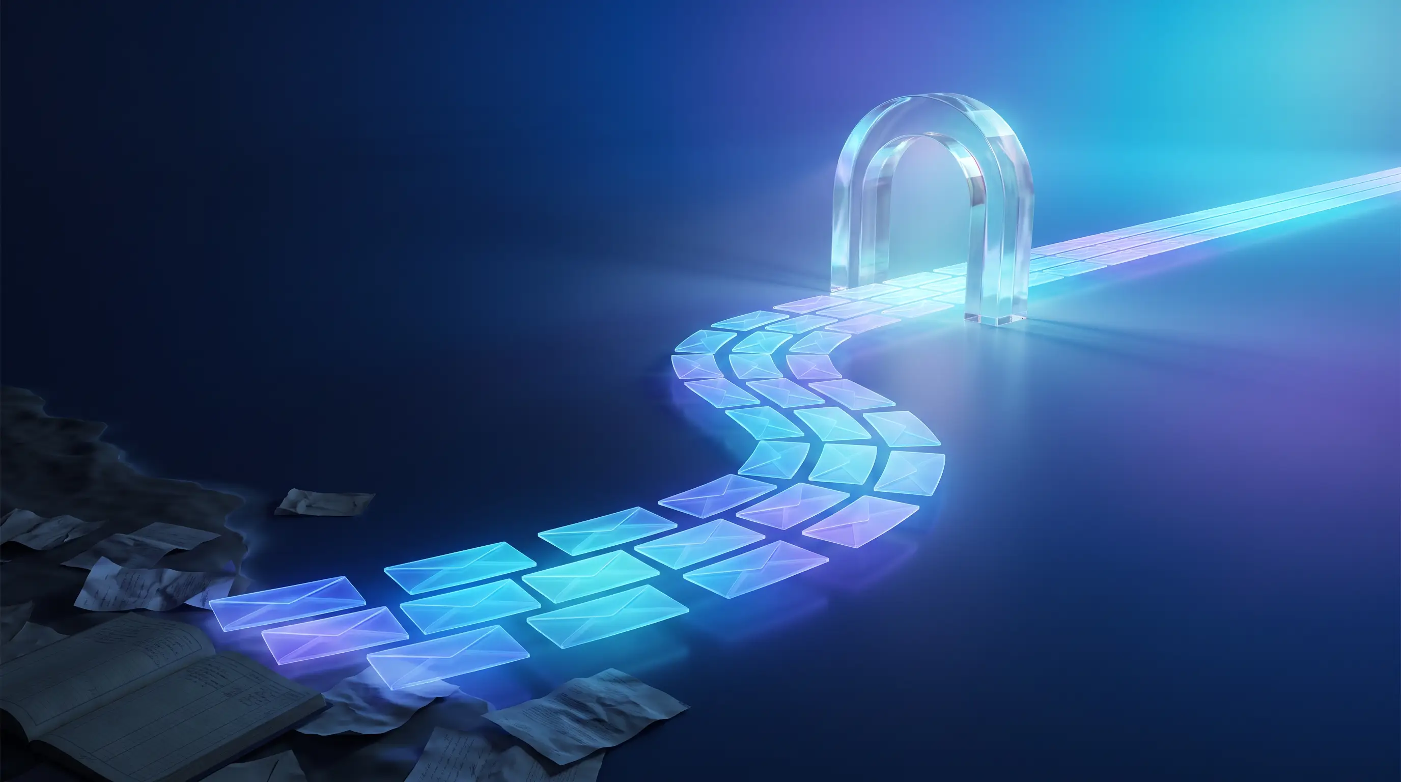 A river of glowing pay envelopes flowing from a cluttered shoreline through a crystalline archway into perfect order — payroll outsourced