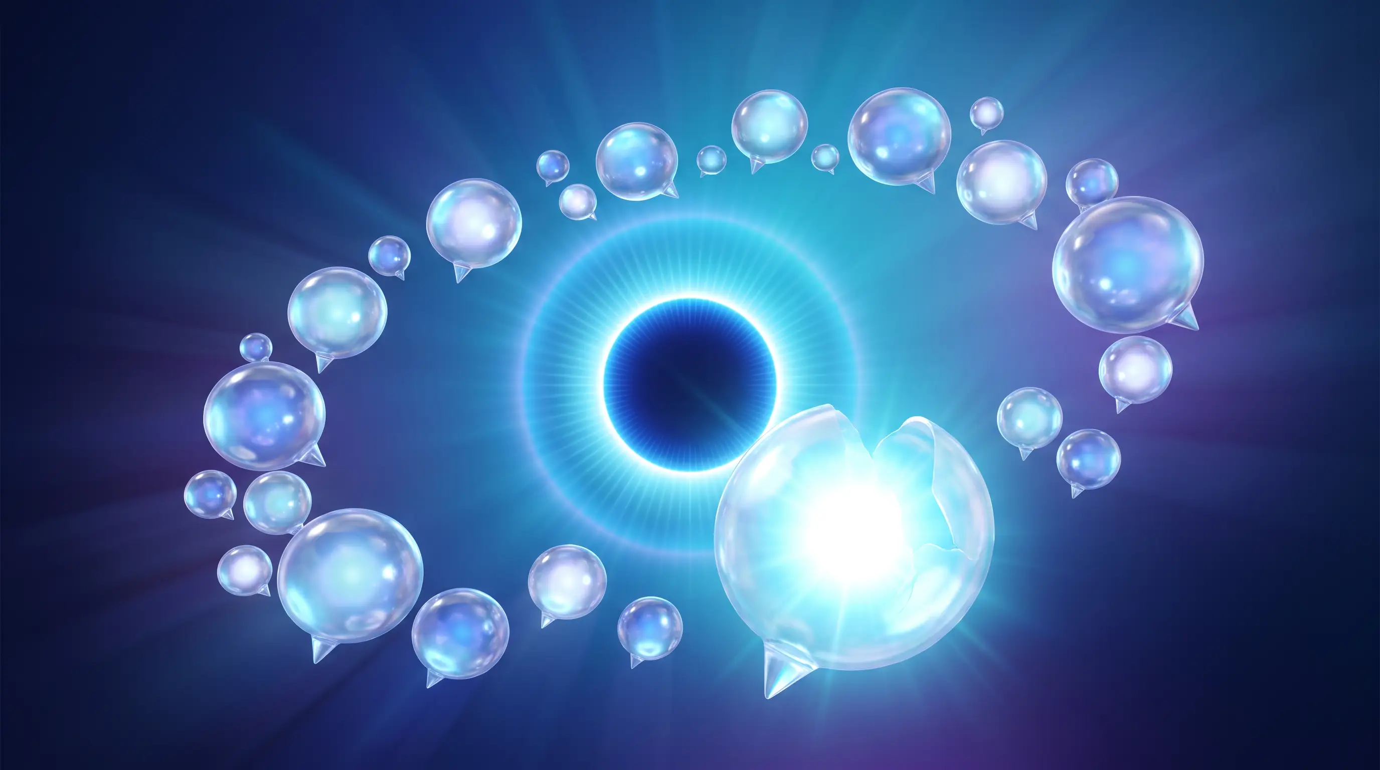 A spiral galaxy of glowing question orbs orbiting a radiant gradient beacon, every ProtectHealth question finding a clear answer