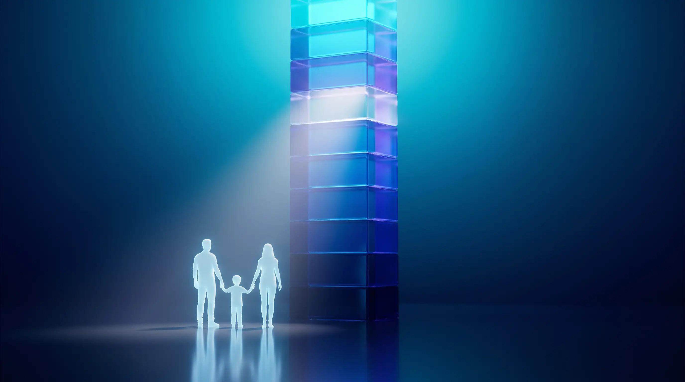 A family of light beside a rising column of stacked gradient glass blocks with a beam marking the right height — measuring how much life insurance a family needs