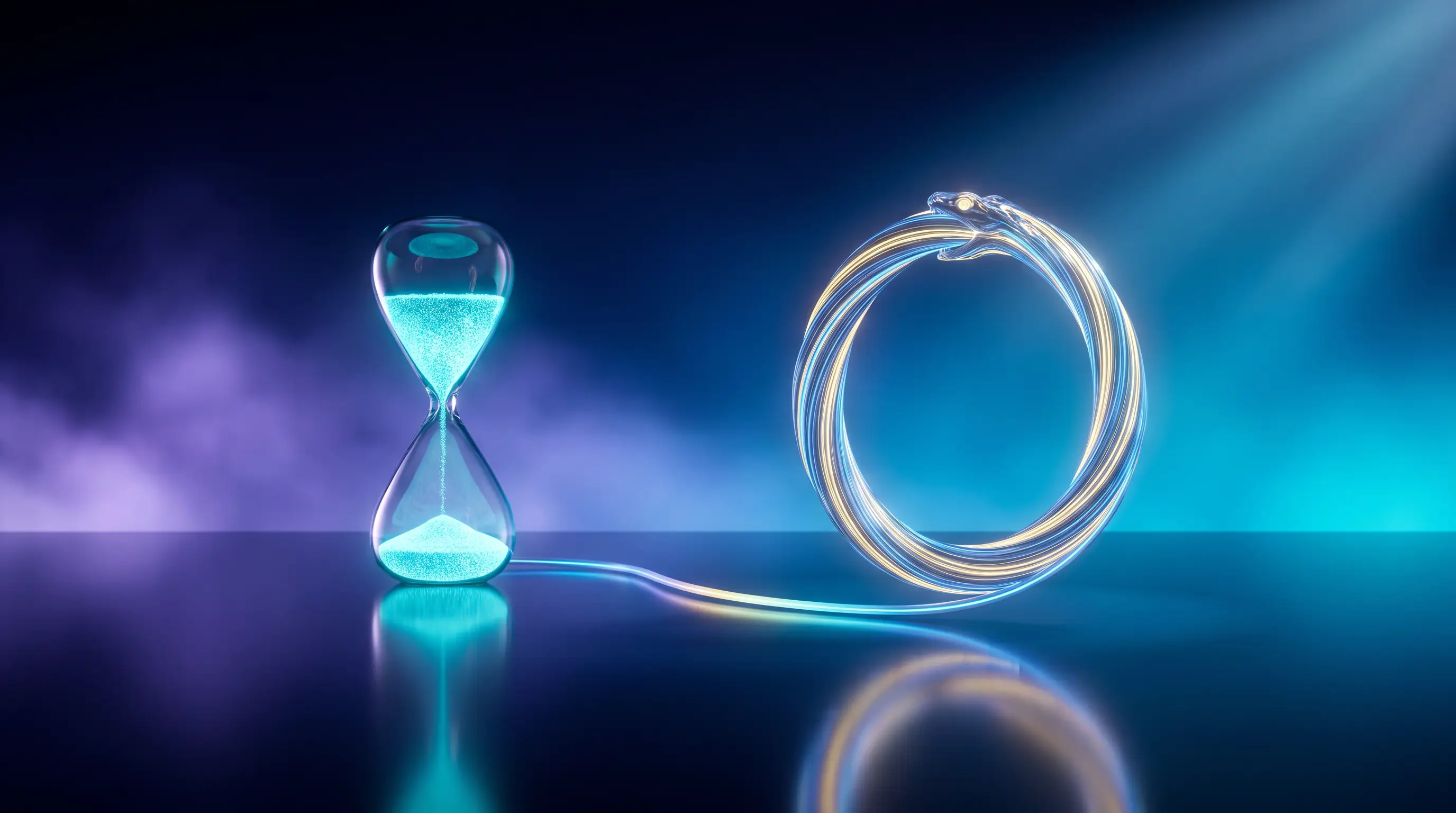 A cyan hourglass with fixed sand facing an infinite golden ring of light on a reflective plane — term life insurance versus whole life