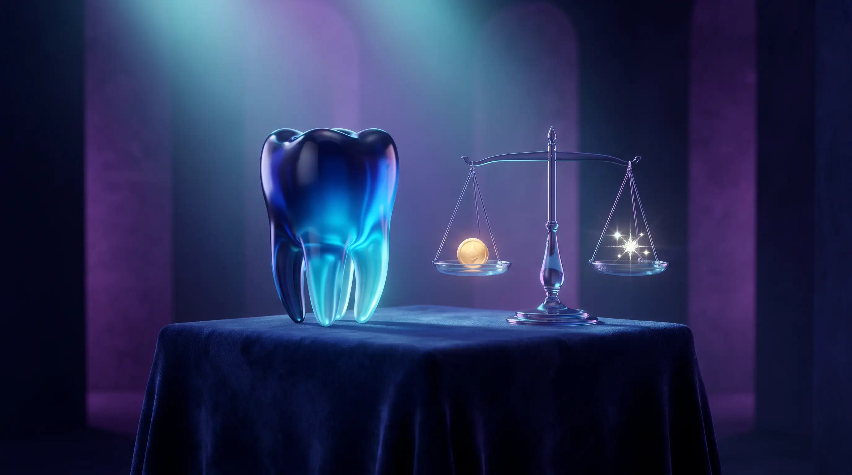 A flawless glass tooth displayed like a museum jewel beside a balance scale weighing a coin against a sparkle — whether dental insurance is worth the price