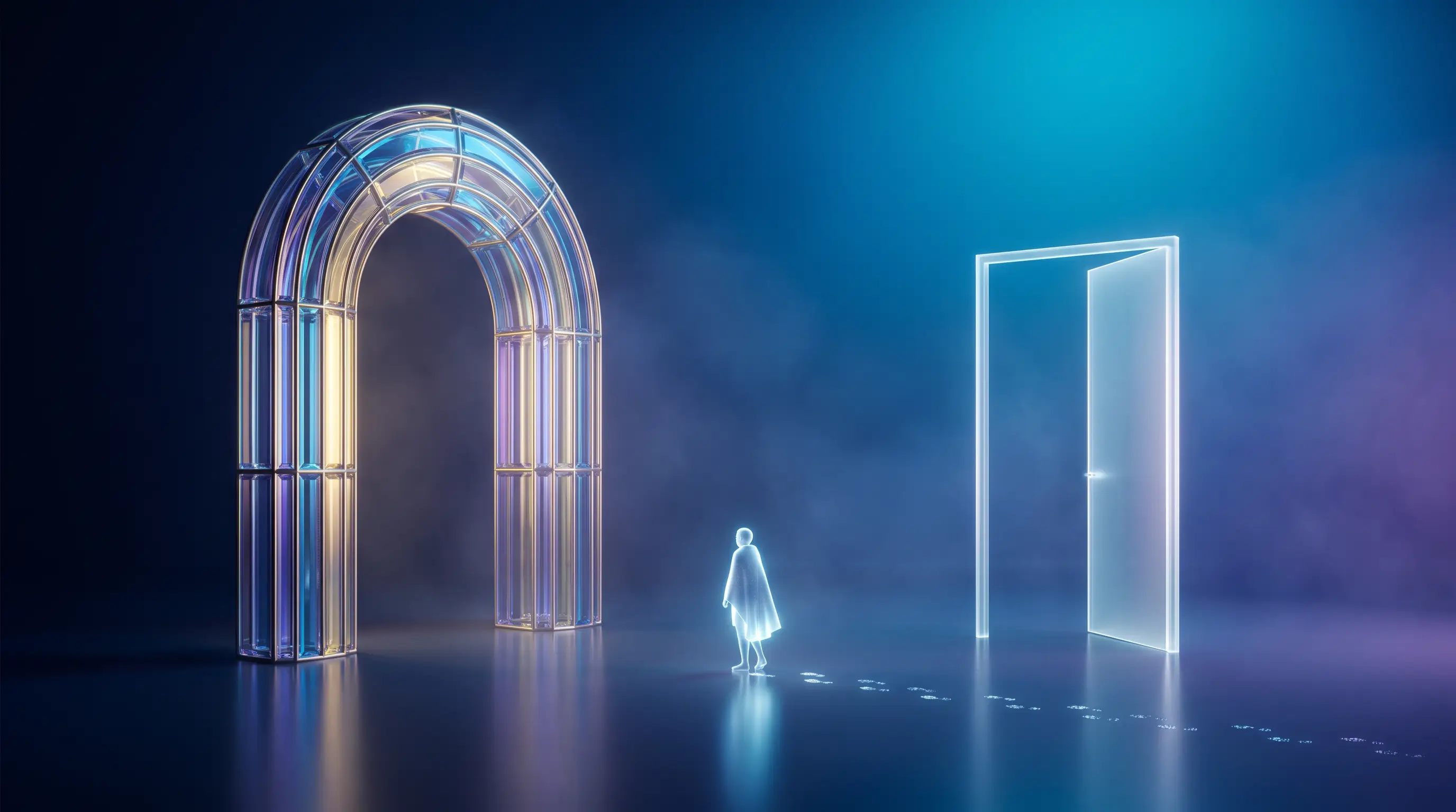 Two doorways of light — a full ornate archway and a simpler half-open door — with a figure deciding between them — dental insurance versus discount plans