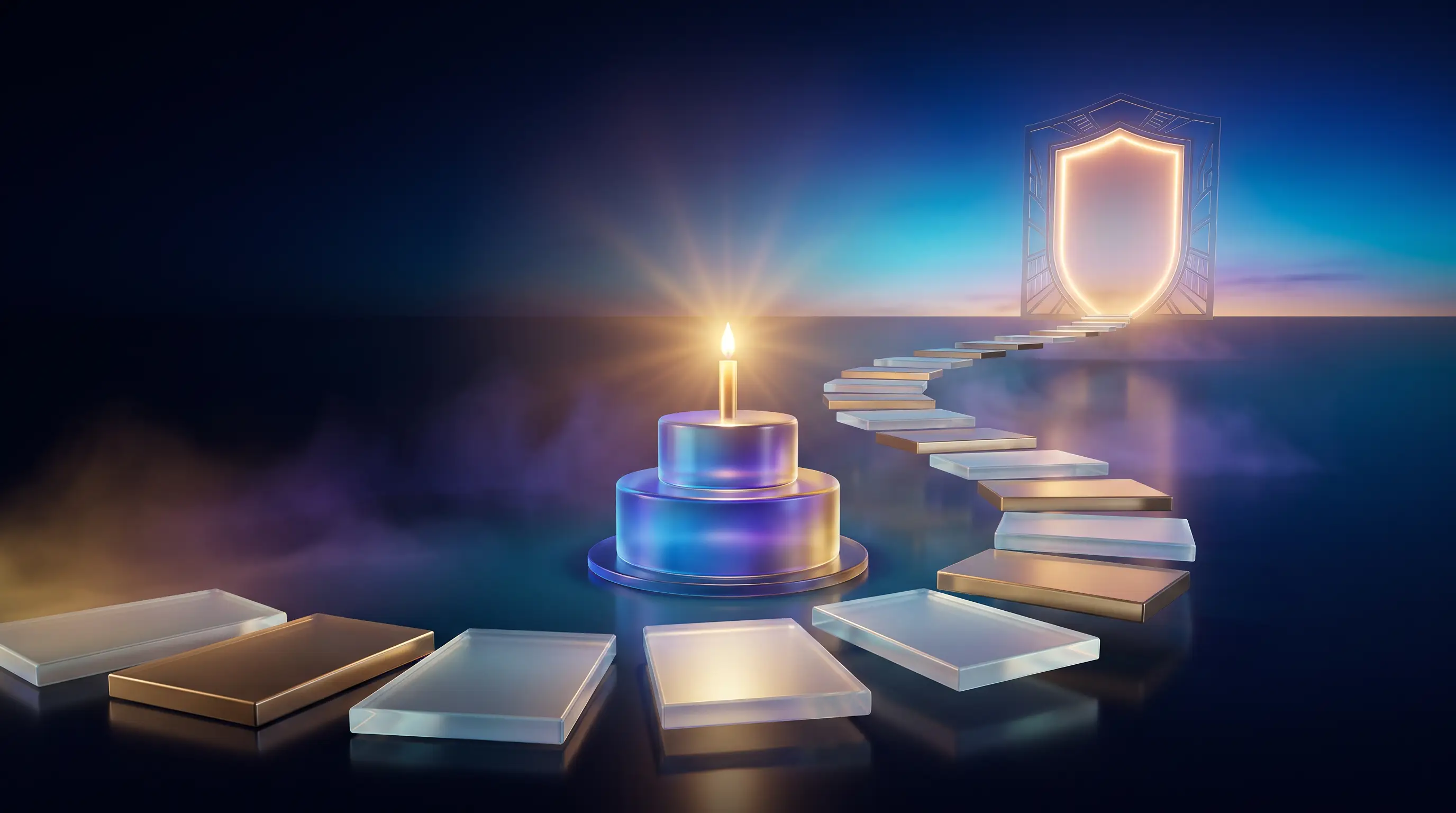 A gradient glass birthday cake with one radiant candle unfolding a stepping-stone path toward a glowing shield gateway — the Medicare road that begins at 65