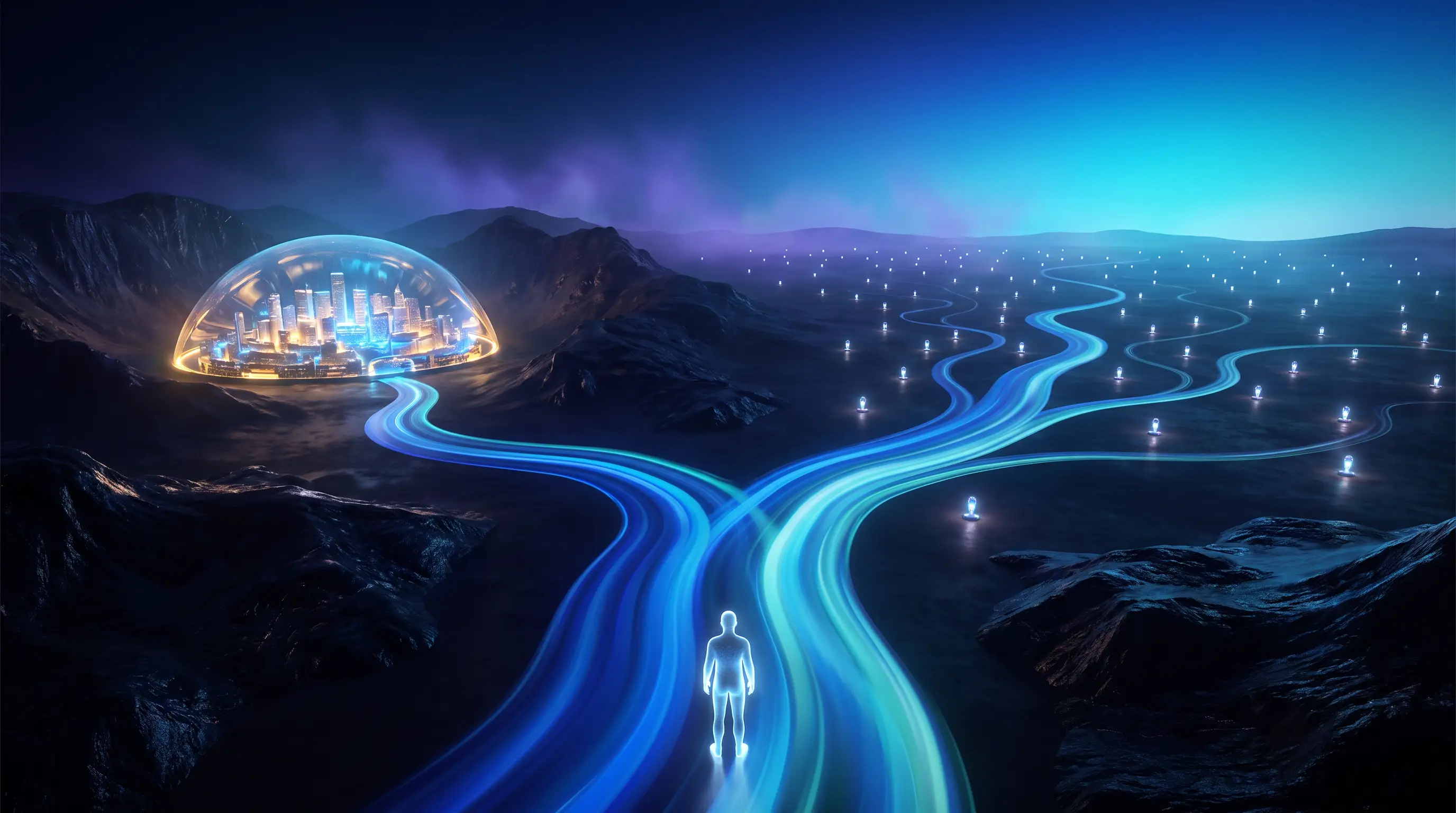 A river of light forking between a bundled dome city and an open plain of glowing waypoints, a figure at the fork — Medicare Advantage versus Medigap
