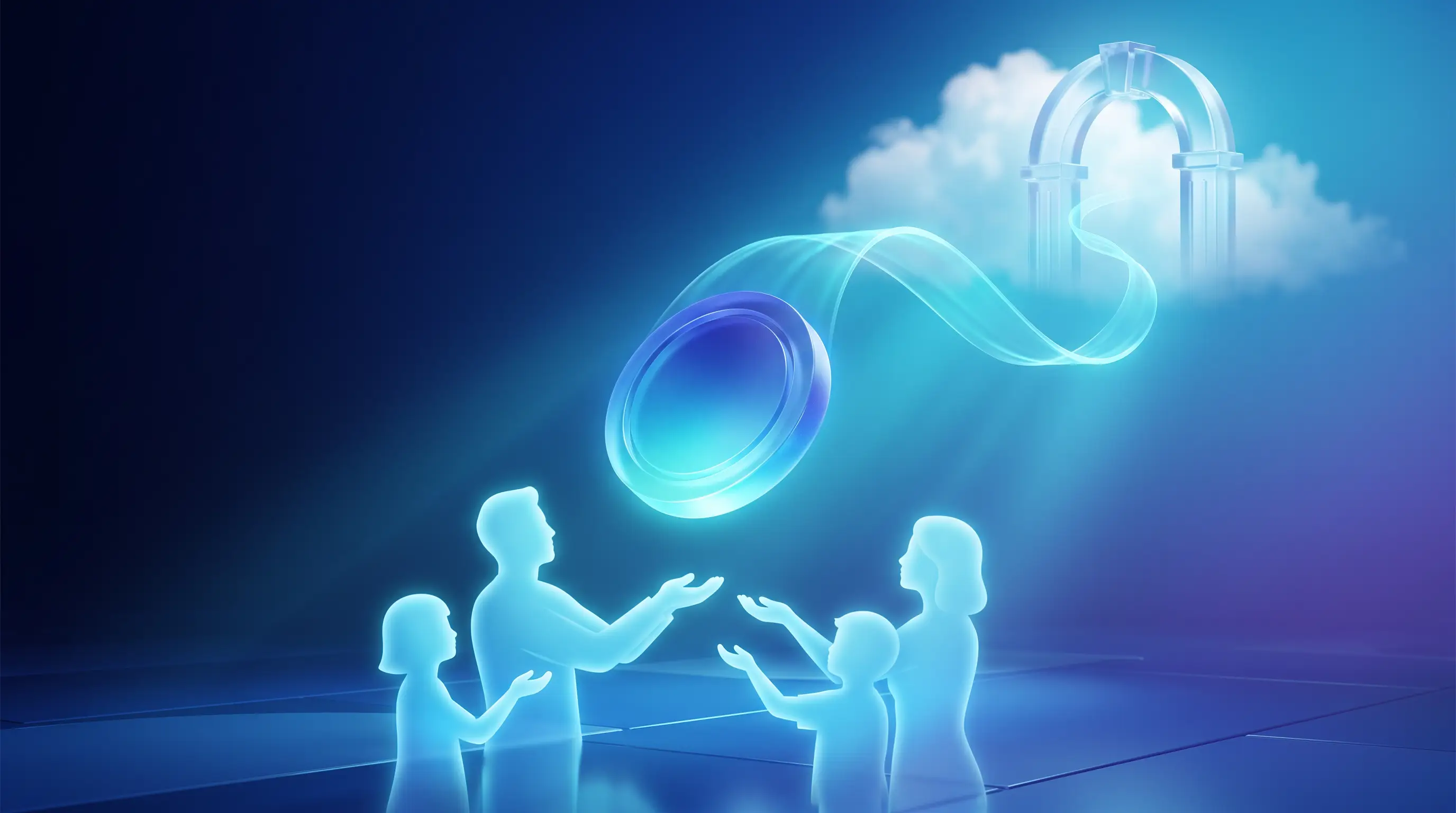 A glowing coin descending into the hands of a family of light, trailing a ribbon back to a radiant archway — an ACA premium tax credit arriving